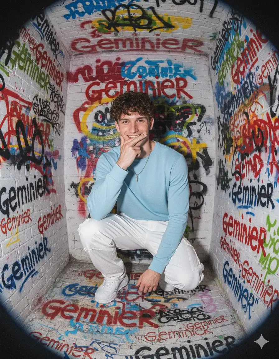 Vertical portrait ratio 9:16, ultra-realistic with low-resolution old-school phone camera effects. A 22-year-old man, based precisely on the uploaded photo (preserve exact facial features, skin tone, and hairstyle), with smooth fair skin and natural look.
He wears a contemporary OOTD: light blue top, white cargo pants, and thick white sneakers.
Pose: two fingers covering mouth. Kneeling. Natural confident facial expression, eyes focused on the camera, cheerful Gen Z vibe.
Background: photo box room with full 3D motif, colorful street art graffiti with abstract writing in punk graffiti style "Geminier " against a white brick wall.
Captured from the upper front corner with a wide-angle lens effect, creating a curved and enclosed space feel. Photo quality should mimic old Android front camera at 2MP resolution: coarse grains, strong digital noise, excess highlights, slightly faded colors, and overexposed patches for a raw amateur aesthetic.