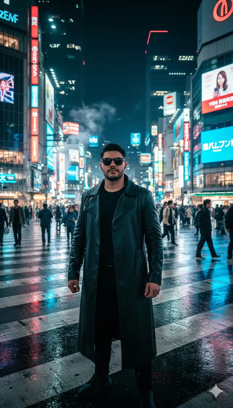 A hyper-realistic futuristic portrait based on the provided selfie. Keep the same face, identity, and expression from the reference photo. Place the subject standing at the iconic Shibuya Crossing in Tokyo at night, surrounded by neon lights, glowing billboards, and a cyberpunk atmosphere. Dress him in a sleek black outfit inspired by Neo from The Matrix (long coat, futuristic style, dark clothing). Cinematic composition, dramatic neon reflections, ultra-detailed, high-resolution, photorealistic style