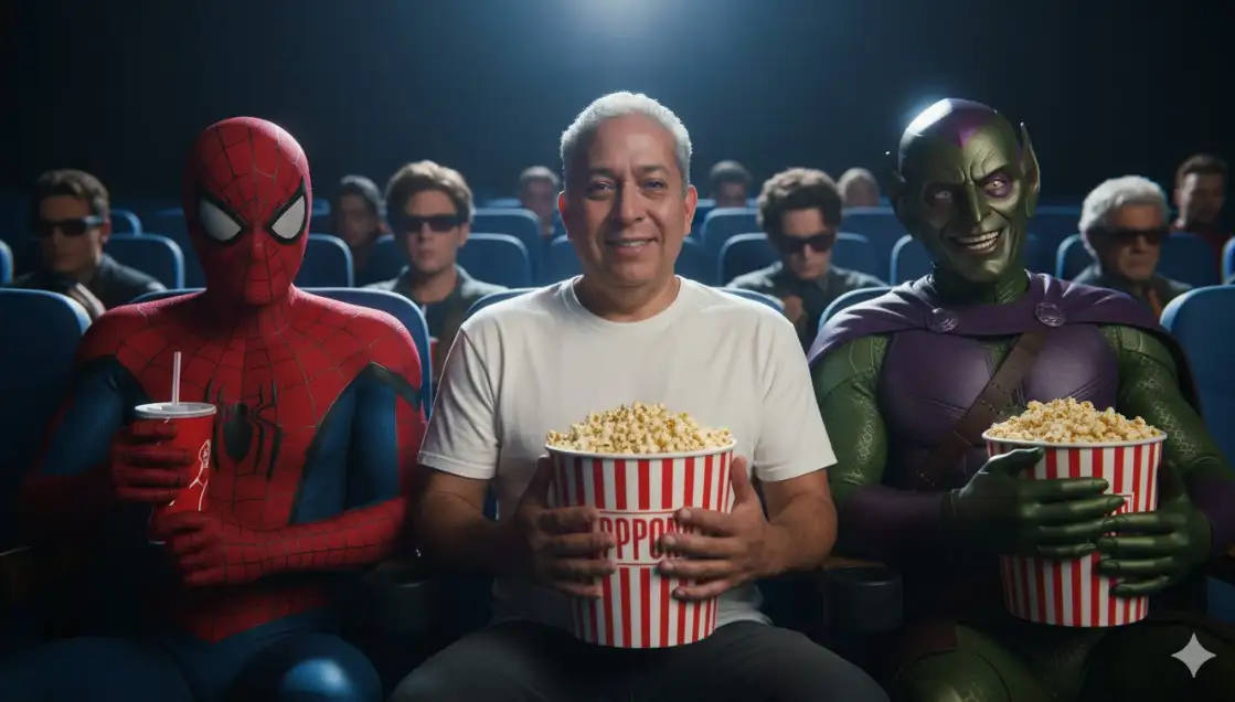 Fotografía ultrarrealista en 16K, relación de aspecto horizontal de 16:9, atmósfera cinematográfica humorística.
Escena: Dentro de una sala de cine sombría, con lugares azules visibles al fondo, réplicas de personajes de videojuegos en el tren de atracciones.
Personaje principal: Yo (en la foto) con una sencilla camiseta Blanca, sosteniendo un gran cubo de palomitas de maíz a rayas rojas y blancas en una mano.
A cada lado: dos personas, detalles.
• Izquierda: El Hombre Araña ., con un vaso rojo de refresco en una mano. Expresión maliciosa.
• Derecha: El divertidísimo Duende Verde, alquilando su propio cubo de palomitas. Su sonrisa es amplia y sensual, con hoyuelos brillantes.
En el plano de llegada: Otros personajes aparecen en las salas del cine, algunas gafas presagian 3D, Iluminación: cinematográfica, proveniente de la pantalla de cine invisible frente a ellos, con reflejos principalmente brillantes en los rostros y los cubos de palomitas. Los detalles son extremadamente realistas.