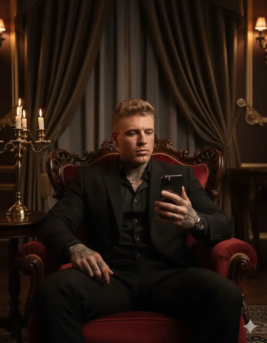 A cinematic portrait of a stylish man with tattoos setting in a vintage armchair, dressed in all black, holding a phone. The background features lit candles on a candelabra, soft moody lighting, and velvet curtains. Lucurious, mysterious ambiance with baroque tones. 35mm lens look, dramatic shadows, colour grading in deep browns and golds. Don't change facial features
