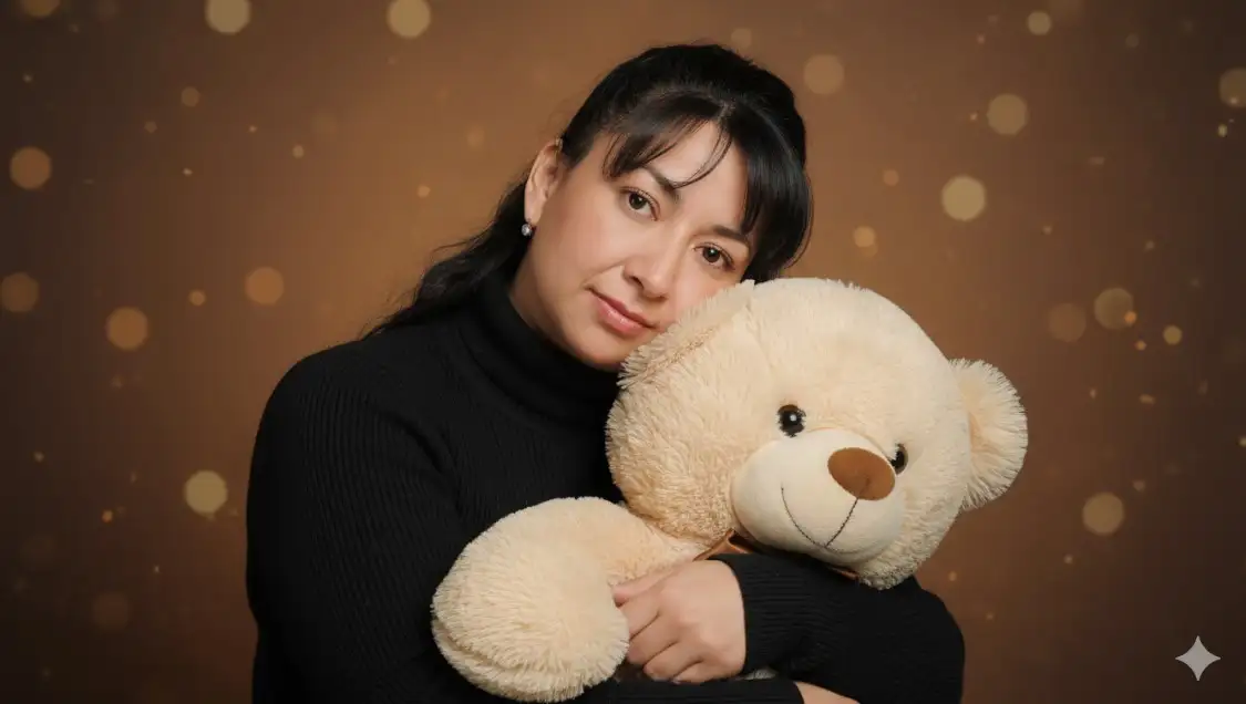 Retrato fotorrealista de alta calidad (8K) de una mujer joven, utilizando la imagen de referencia para asegurar que el rostro sea 100% idéntico, preservando todas sus características originales y sin alterar su expresión suave y serena.

La mujer es el foco principal y está vestida con una blusa negra de cuello alto y manga larga, abrazando con ternura un gran oso de peluche de color beige claro y textura suave. Su cabeza está delicadamente inclinada, mirando directamente a la cámara con una expresión de calma y afecto.

La iluminación es sumamente suave y difusa, con una fuente de luz cenital que modela delicadamente su rostro y el oso, creando sombras sutiles que aportan profundidad sin ser duras. El fondo es un gradiente suave de tonos marrones cálidos y dorados, adornado con pequeñas luces bokeh desenfocadas que añaden un ambiente festivo y romántico, pero sin ser abrumadoras.

La composición es un primer plano íntimo, con la mujer y el oso ligeramente descentrados para una estética natural y atractiva. La pose de la mujer sugiere una profunda conexión, cariño y confort, sin artificialidad. La imagen debe exudar una atmósfera acogedora e intimista, capturando un momento genuino de ternura. Evitar cualquier aspecto plastificado; la piel, el cabello y las texturas del suéter y el oso deben ser extremadamente realistas y naturales. Calidad de estudio, con textura de piel auténtica, sin filtros ni efectos de belleza artificiales."

Principales mejoras:

Reiteración de la referencia facial: Se enfatiza al principio y se aclara que la expresión también debe ser idéntica ("sin alterar su expresión suave y serena").

Detalles de la ropa: "Manga larga" para la blusa negra de cuello alto, dando más contexto.

Descripción del oso: "textura suave" para el oso, realzando el confort.

Iluminación: Se describe como "sumamente suave y difusa" para evitar sombras demasiado marcadas y asegurar la naturalidad.

Composición: Se sugiere "ligeramente descentrados para una estética natural y atractiva" para el primer plano.

Naturalidad explícita: Se añadió "sin artificialidad", "extremadamente realistas y naturales", y "textura de piel auténtica, sin filtros ni efectos de belleza artificiales" para combatir la tendencia de las IA a hacer las imágenes demasiado "perfectas" o "plastificadas