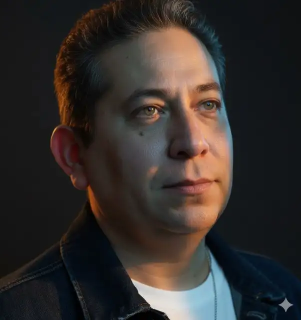 Crea un retrato hiperrealista en primer plano de un hombre joven, elegante y seguro de sí mismo, inspirado en mi imagen de referencia. El entorno es melancólico y editorial, con intensos rayos de luz ámbar y azul hielo que iluminan su rostro, realzando su mandíbula definida y su mirada atrevida y fija. Lleva una chaqueta de mezclilla, ligeramente abierta en el cuello para mostrar un sencillo collar de cadena, con una camiseta blanca debajo. No modifiques los detalles faciales.