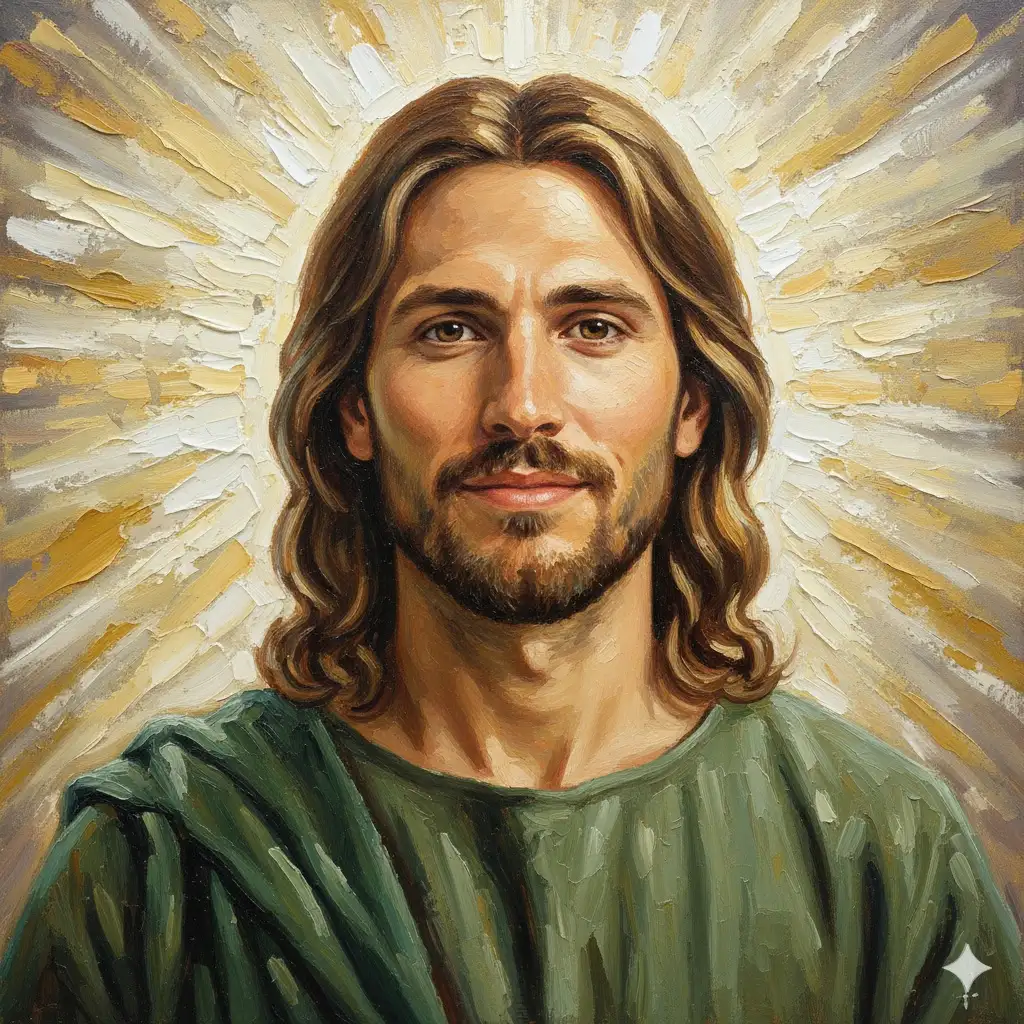 A highly detailed oil painting of a person (use the uploaded picture as reference for the face) in the style of Jesus with a gentle, compassionate expression and warm, inviting eyes. His face is serene, conveying peace and understanding. The background is textured with g brushstrokes in white tones, characteristic of jesus style, perhaps subtly hinting at a starlit sky or a halo effect. Jesus's hair is flowing and light brown with hints of gold, and he wears simple, earthy green robes. The brushstrokes are thick and vibrant, with rich impasto texture emphasizing divine light and a sense of warmth and comfort. his age is 30.
