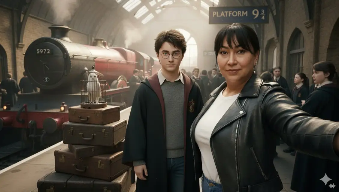 Una selfie realista en la Plataforma 9 3/4 del universo Harry Potter. El autor de la selfie es [la persona de la foto anexa], vistiendo una camiseta blanca, una chaqueta de cuero negra y jeans. Está al lado de Harry Potter. Ambos rostros son claramente visibles, con el rostro del autor de la selfie correspondiendo exactamente a la foto de referencia proporcionada. Escena detallada de Hogwarts, atmósfera mágica, iluminación natural acogedora, profundidad cinematográfica, texturas altamente realistas, estilo fotorrealista.