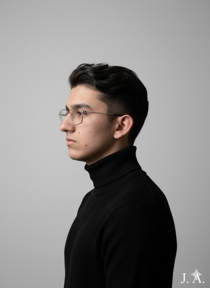 Minimalist profile portrait of a confident young man in a black turtleneck / of Your choice, clean studio background, square frame design, modern professional aesthetic, elegant soft lighting, sharp focus, editorial style, luxury branding look.clean sans-se font, stylish and balanced composition.