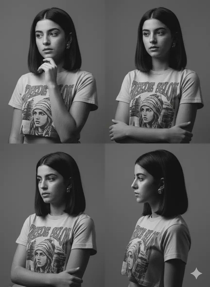 Convert this color photograph into a high-resolution artistic black-and-white portrait. The background should be processed into a soft gradient gray to highlight the subject. Add a subtle film grain texture to the image. The subject's pose should be natural, as if in deep thought; the lighting should be directional, emphasizing the facial contours to create a sense of mystery. There should be no background with objects, and each photo should feature a different pose. Generate 4 images.