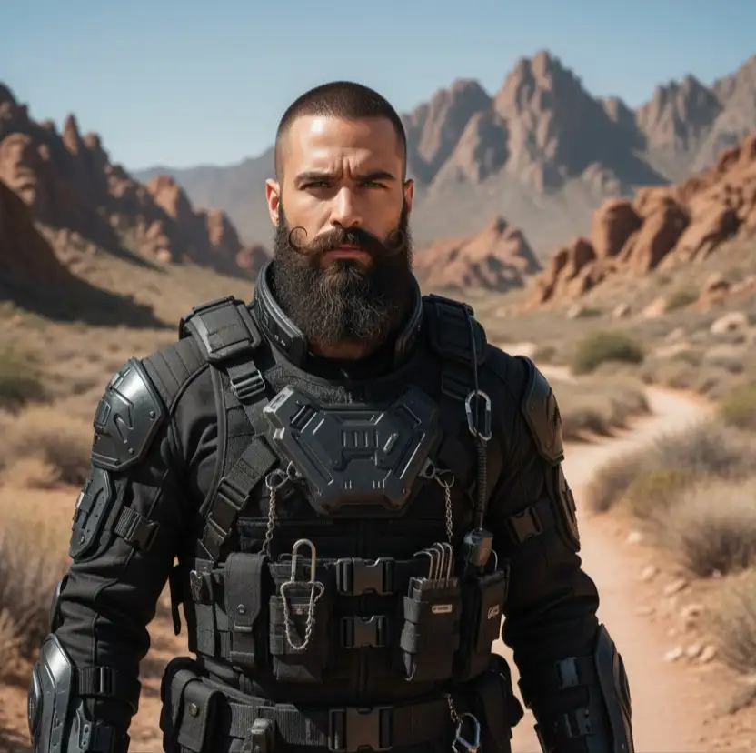 Cabello: Largo y abundante, barba poblada con bigote rizado.

Ropa: Conjunto negro táctico/futurista con muchos accesorios metálicos.

Estilo: Militar futurista / tactical urban style.

Lugar: Exterior, zona montañosa y árida.