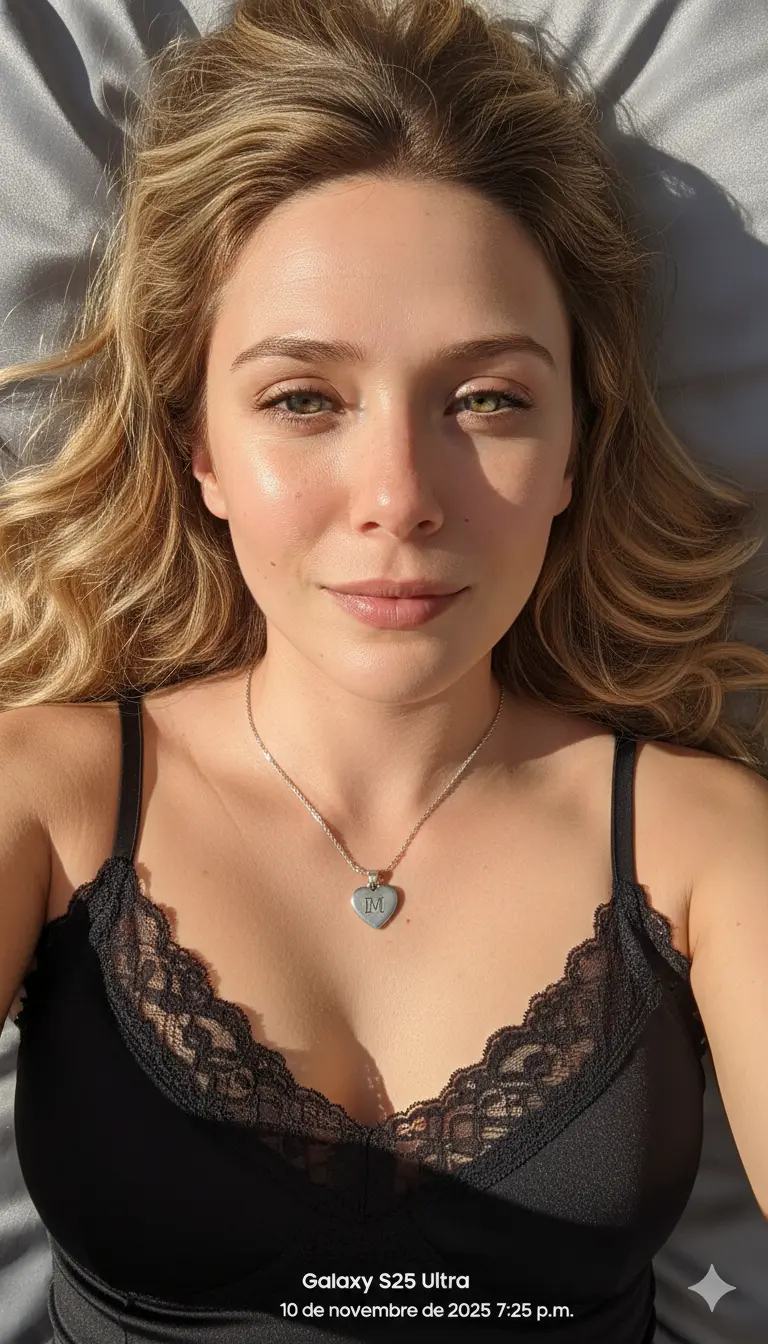 Realiza una selfie realista en plano cercano (close-up), como si se hubiese sacado con movil Samsung Galaxy S25 ultra, de la mujer que esta en la fotografía que subí, su rostro debe ser 100% original, agregando texturas en la piel, poros definidos, arrugas, y texturaen la ropa. Tomada desde un ángulo cenital (desde arriba) mientras ella está recostada. 
La mujer tiene la piel bronceada, su cabello es tal y como esta en la fotografía que subí. Está mirando directamente a la cámara con una ligera sonrisa.
Viste una camiseta de tirantes o camisola de color negro con un borde de encaje ancho en el escote. Lleva un collar de cadena plateada con un colgante en forma de corazón. El colgante parece tener grabada la letra "M".
Está recostada sobre una superficie de tela gris con un ligero brillo, como el satén o la seda de una sábana o almohada. La iluminación es brillante y cálida, pareciendo luz solar directa que entra desde la parte superior izquierda de la imagen, iluminando intensamente el lado derecho de su rostro y creando un reflejo en su mejilla. En el centro y en la parte de abajo de la fotografía una marca de agua "Galaxy S25 Ultra
10 de noviembre de 2025 7:25 p.m."