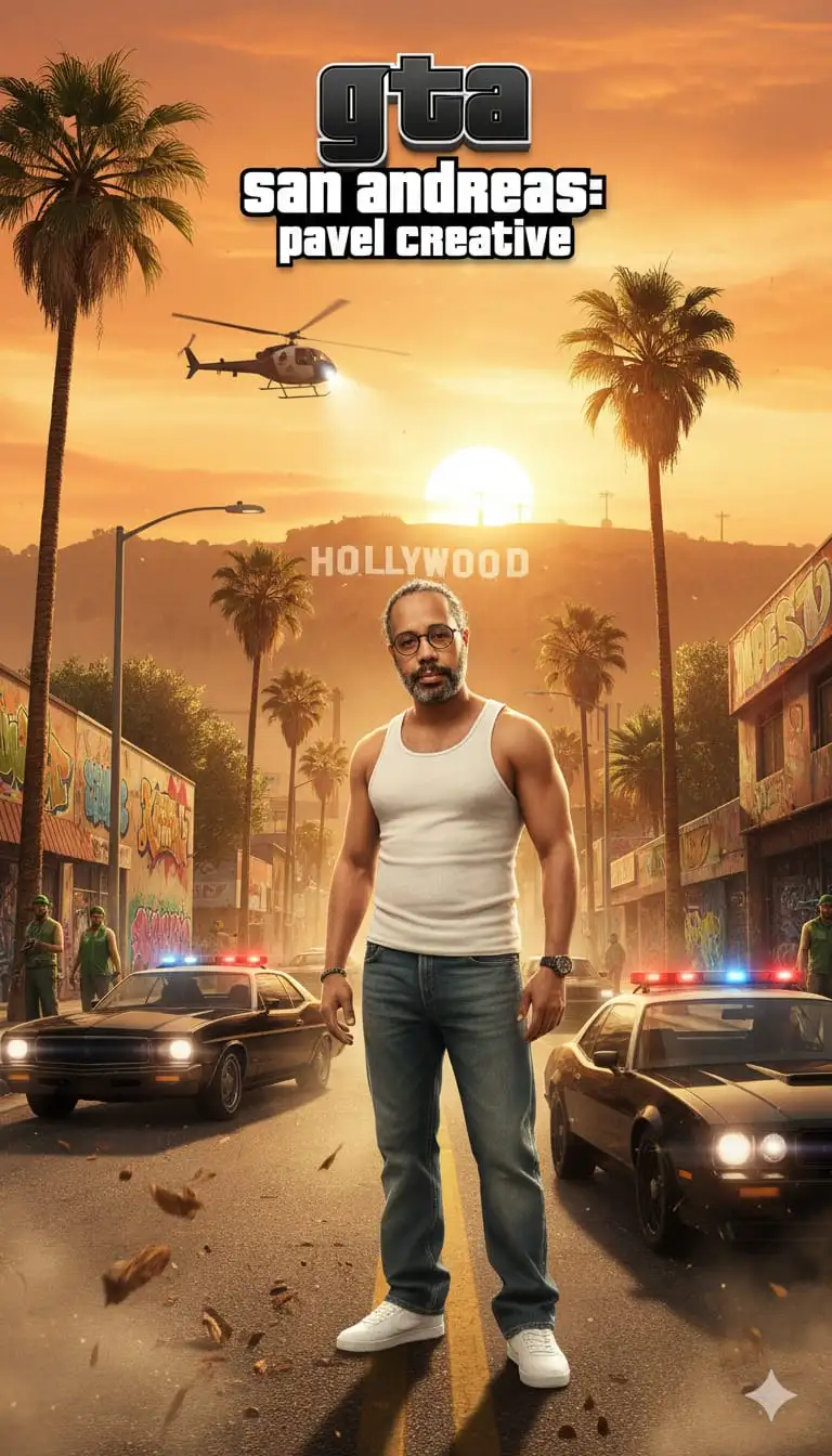 --"Caratula cinematográfica ultradetallada de videojuego inspirada en GTA: San Andreas. En medio de una soleada calle al estilo de Los Ángeles, Faruk se yergue como el protagonista: camiseta blanca sin mangas, vaqueros azules, zapatillas blancas impecables, el icónico estilo de CJ reinventado con detalles hiperrealistas y cinematográficos. Su rostro debe ser reemplazado por el de referencia proporcionado, perfectamente integrado y con proporciones naturales; postura segura con actitud callejera. A su alrededor, el caos puro de GTA: palmeras, lowriders brillantes, muscle cars, paredes cubiertas de grafitis; bandas con pañuelos verdes al estilo de Grove Street apostadas en las esquinas; coches de policía con luces intermitentes; un helicóptero sobrevolando el aire dorado y polvoriento con un foco; una atmósfera calurosa y brumosa con destellos y destellos de calor. Al fondo, el letrero de la ladera de HOLLYWOOD brilla blanco contra un cielo naranja. El logo superior central debe decir EXACTAMENTE: 'GTA San Andreas: Pavel Creative', tipografía corta, audaz, estilo grafiti en 3D con el clásico look de San Andreas, un sutil borde metálico. El conjunto...  La portada es hiperrealista, de altísima resolución, repleta de luz solar cinematográfica, polvo, reflejos, humo, desenfoque de movimiento y la energía nostálgica pero moderna de GTA: San Andreas."@pmcg78 -