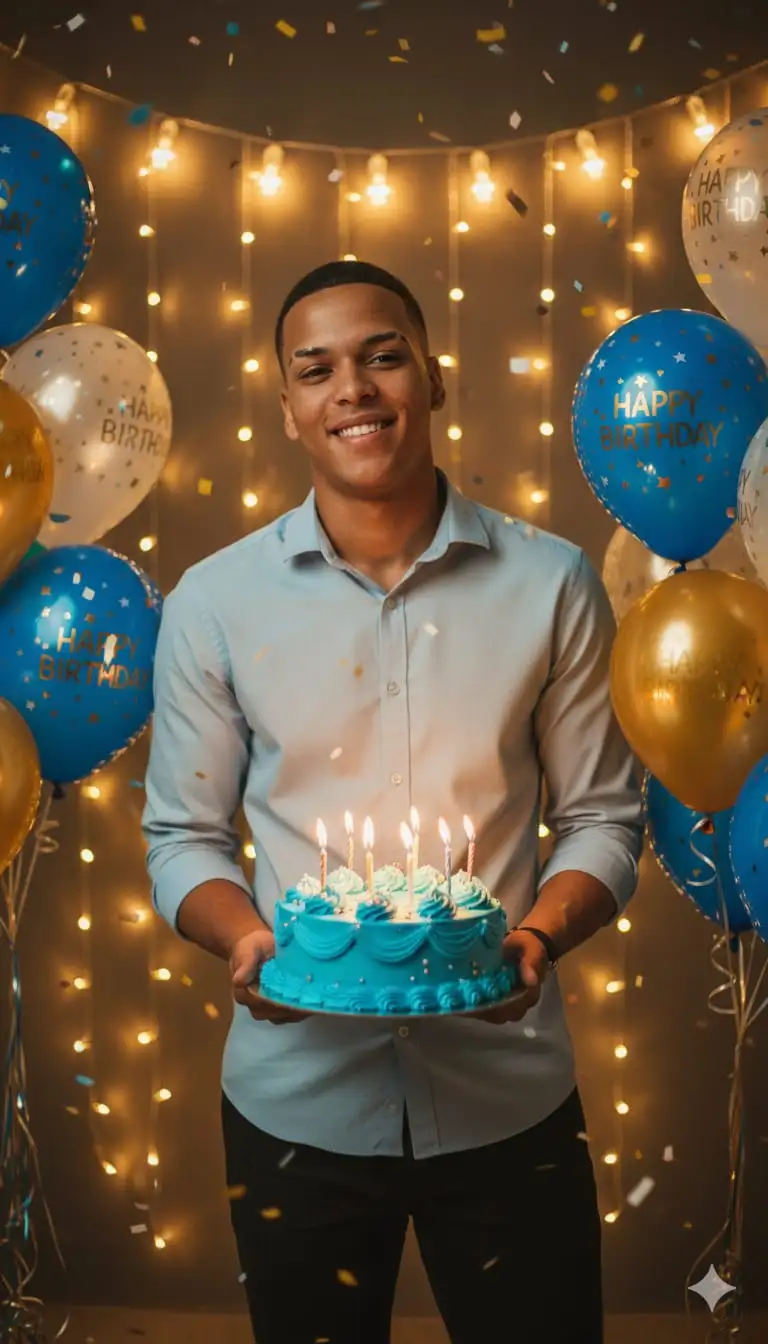 Crea una sesión fotográfica de cumpleaños cinematográfica ultrarrealista y en ultra HD de un JOVEN de 22 años (mantén su rostro original exactamente igual, no lo modifiques).
Está de pie junto a un pastel de un nivel y azul de cumpleaños decorado con velas, rodeado de globos y luces de colores.
El ambiente es festivo, con una cálida iluminación dorada y detalles cinematográficos de cámara DSLR. Asegúrate de que el rostro permanezca igual y 100% reservado.