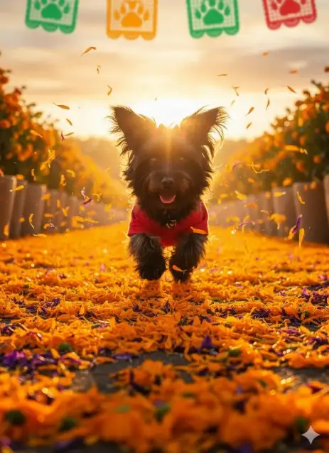 Haz que el perro de la imagen corra y salte alegremente, avanzando entre los pétalos de cempasúchil, con una atmósfera alegre y cinematográfica. La cámara lo sigue con fluidez, mostrando su expresión feliz. Estilo: vibrante y emotivo, homenaje al Día de los Muertos.