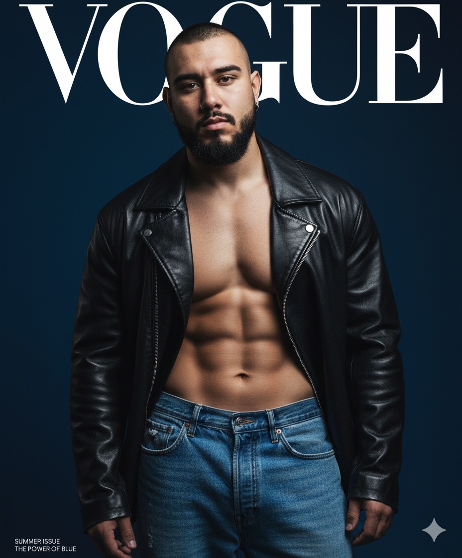 Take a photograph of A high-fashion magazine cover titled "VOGUE".A handsome young man standing against a deep blue background, wearing a stylish oversized black leather jacket open at the chest, showing his toned abs, paired with high-waisted blue jeans. Dramatic studio lighting highlights his face and body, creating a sharp contrast with the shadows. Fashion editorial photoshoot, ultra-realistic, high detail, cinematic look, vibrant textures, glossy skin tone, professional photography, 8K ultra HD keep. Don’t change face features or haircut