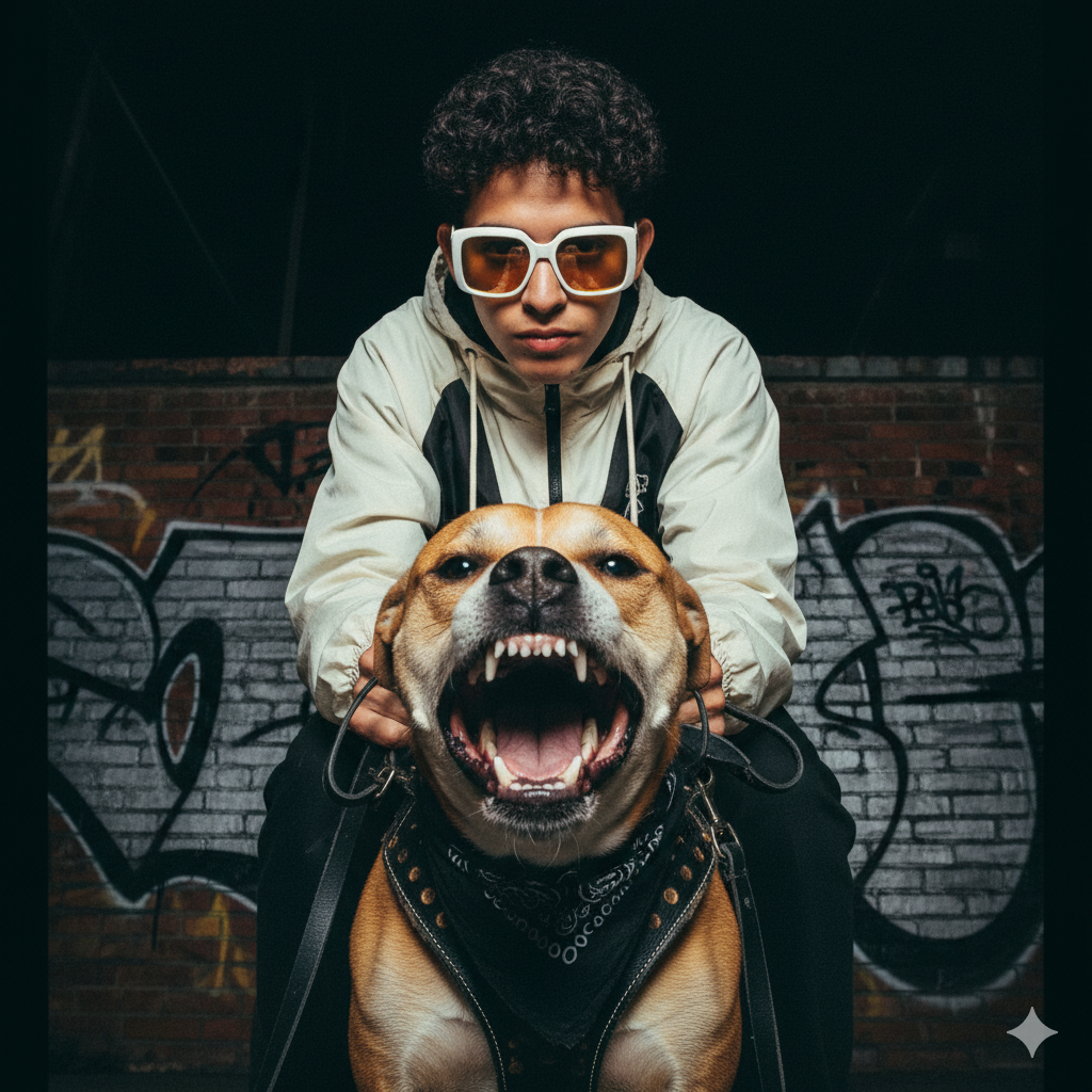 Retrato editorial noturno de rua — plano de ângulo extremamente baixo (worm’s eye view), close-up de um cachorro bravo em primeiro plano, usando um peitoral de couro preto desgastado com tachas de metal envelhecidas e um pequeno lenço preto gasto amarrado firmemente sob o queixo. O maxilar do cachorro está aberto em meio a um rosnado, olhos afiados e desafiadores.
Atrás dele, dominando a cena no enquadramento, uma pessoa jovem, estilosa e imponente está parada, segurando as duas guias de forma solta com uma mão, transmitindo domínio casual.
A pele apresenta textura natural — poros sutis visíveis, leves tons desiguais e pequenas marcas de expressão ou cicatrizes discretas. Os lábios estão nus, levemente ressecados, com uma tonalidade suave e natural, reforçando a estética crua e de rua.
Essa pessoa usa óculos de sol angulares oversized brancos, com lentes âmbar que refletem o flash direto de forma intensa. A roupa é um corta-vento vintage oversized de nylon off-white com detalhes em preto, levemente amassado, como se tivesse sido usado por horas.
O fundo é uma parede com grafite. Capturado em Kodak Portra 400, com flash direto e pouco favorecedor — texturas de alto contraste, médios tons granulados e esmaecidos, granulação visível, leve halation nos pontos de luz intensa e forte vinheta de lente. Formato vertical 9:16, para uma sensação imersiva e crua de rua.
Use a imagem fornecida como referência exata do rosto e do cabelo. Combine todas as proporções, textura da pele, assimetrias faciais e detalhes exatamente, sem embelezar ou alterar qualquer característica. Mantenha o mesmo formato, comprimento, volume e estilo do cabelo da referência. Preserve também o mesmo espaçamento entre os olhos, linha da mandíbula, formato das maçãs do rosto, linha do cabelo e tom de pele. Não altere a largura do nariz, formato dos lábios ou cor dos olhos. Mantenha todas as imperfeições e assimetrias. A imagem deve ser hiper-realista, fotorrealista e sem embelezamento.”
–ar 9:16