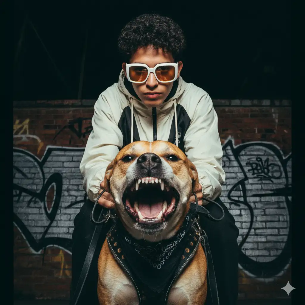Retrato editorial noturno de rua — plano de ângulo extremamente baixo (worm’s eye view), close-up de um cachorro bravo em primeiro plano, usando um peitoral de couro preto desgastado com tachas de metal envelhecidas e um pequeno lenço preto gasto amarrado firmemente sob o queixo. O maxilar do cachorro está aberto em meio a um rosnado, olhos afiados e desafiadores.
Atrás dele, dominando a cena no enquadramento, uma pessoa jovem, estilosa e imponente está parada, segurando as duas guias de forma solta com uma mão, transmitindo domínio casual.
A pele apresenta textura natural — poros sutis visíveis, leves tons desiguais e pequenas marcas de expressão ou cicatrizes discretas. Os lábios estão nus, levemente ressecados, com uma tonalidade suave e natural, reforçando a estética crua e de rua.
Essa pessoa usa óculos de sol angulares oversized brancos, com lentes âmbar que refletem o flash direto de forma intensa. A roupa é um corta-vento vintage oversized de nylon off-white com detalhes em preto, levemente amassado, como se tivesse sido usado por horas.
O fundo é uma parede com grafite. Capturado em Kodak Portra 400, com flash direto e pouco favorecedor — texturas de alto contraste, médios tons granulados e esmaecidos, granulação visível, leve halation nos pontos de luz intensa e forte vinheta de lente. Formato vertical 9:16, para uma sensação imersiva e crua de rua.
Use a imagem fornecida como referência exata do rosto e do cabelo. Combine todas as proporções, textura da pele, assimetrias faciais e detalhes exatamente, sem embelezar ou alterar qualquer característica. Mantenha o mesmo formato, comprimento, volume e estilo do cabelo da referência. Preserve também o mesmo espaçamento entre os olhos, linha da mandíbula, formato das maçãs do rosto, linha do cabelo e tom de pele. Não altere a largura do nariz, formato dos lábios ou cor dos olhos. Mantenha todas as imperfeições e assimetrias. A imagem deve ser hiper-realista, fotorrealista e sem embelezamento.”
–ar 9:16