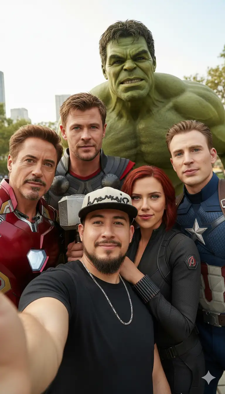 Crea una selfie grupal cinematográfica vertical 8K ultrarrealista con el usuario en el centro (usa la imagen de referencia proporcionada; conserva al 100 % los rasgos faciales, proporciones, tono de piel, cabello y expresión natural del usuario, sin alteraciones ni estilizaciones).
El usuario toma la selfie, respetando la distancia de un brazo, tomando una selfie real.
Rodeando al usuario de cerca están Los Vengadores, todos mirando directamente a la cámara
• Iron Man con su icónica armadura roja y dorada
• Hulk, enorme pero sonriendo con naturalidad
• Capitán América (Chris Evans)
• Thor (Chris Hemsworth, sosteniendo el Mjölnir con naturalidad)
• Viuda Negra (Scarlett Johansson), de pie junto al usuario con las manos sobre sus hombros.
Todos sonríen, relajados y posan de forma informal como verdaderos amigos, inclinándose con naturalidad hacia el encuadre. Iluminación: Luz diurna brillante, tonos cinematográficos, sombras naturales, colores vibrantes.
Estilo: Hiperdetallado, fotorrealista, encuadre vertical 8K (9:16), perfecto para TikTok/Reels.
Composición: Primer plano, estilo selfie, con el usuario en el centro y la mano de Black Widow claramente sobre su hombro.