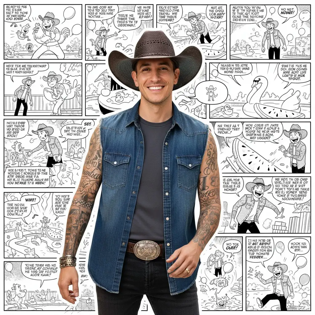 The central figure, extracted from the uploaded image, is rendered in full, vibrant photorealistic color and sharp detail. They are dramatically lit to powerfully stand out. The background is an intricately detailed, multi-panel, black and white comic strip, entirely wordless and filled with humorous, exaggerated narratives directly featuring the central figure. These comic panels should not only depict the subject in funny, light-hearted, or slightly absurd scenarios, but also seamlessly integrate the central figure into the surrounding comic world. The colorful main subject should appear as if they are an integral part of this dynamic, monochromatic comic reality, perhaps 'stepping out' or 'frozen within' a specific comic panel, with their pose and expression directly interacting with the surrounding black and white narrative. The comic panels are drawn in a classic, high-contrast comic book style with bold lines, and creatively arranged to create a cohesive and engaging narrative backdrop, strongly linking the vibrant figure to the detailed monochrome comic environment.