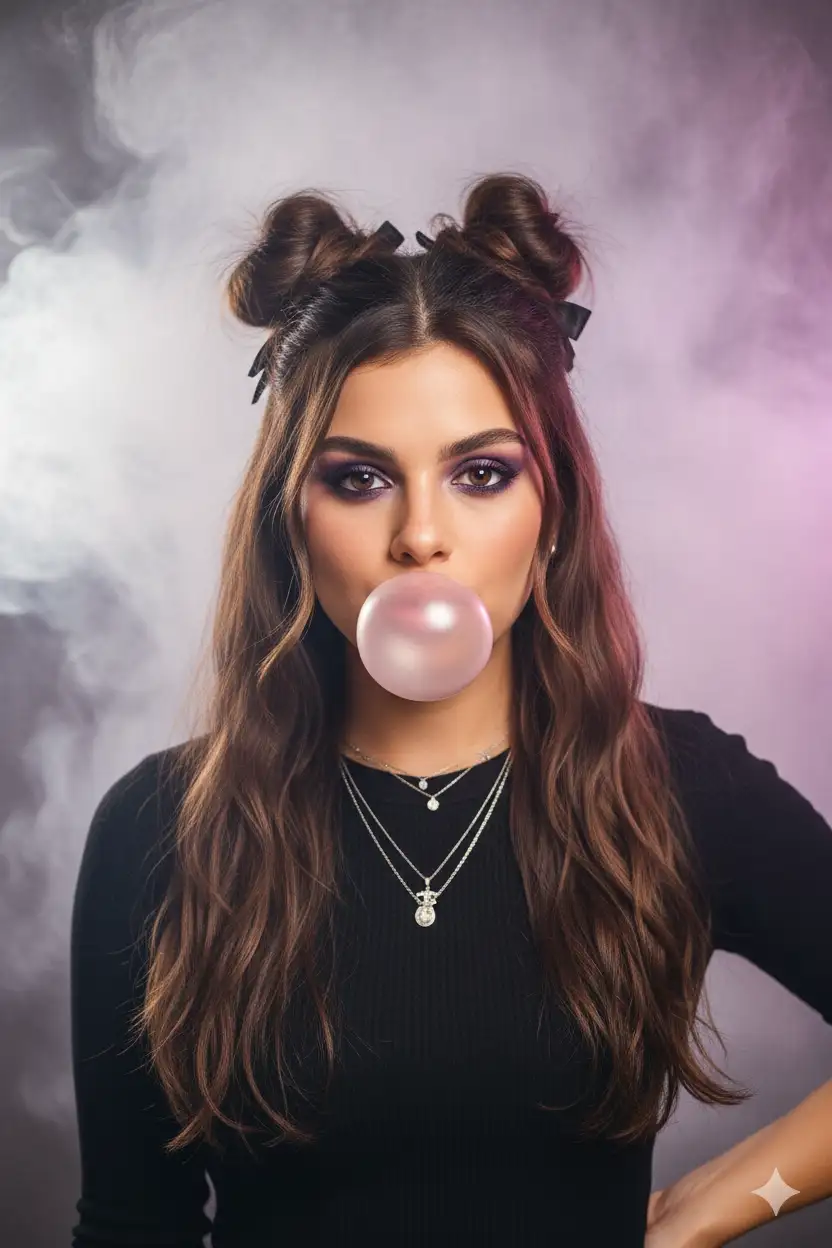 High definition sharp image, close up with a strong contrast 35mm film portait with long brown, tousled hair, half up, half down in two messy buns, big lips blowing a bug pink bubble, lighting in background white,purple smokey eyes looking straight ahead, a black shirt, add a dainty silver necklace stack, a black shirt, with small black bows around the buns. Make my brown eyes noticeable. Background color should be pink and grey. Don't chnage facial features