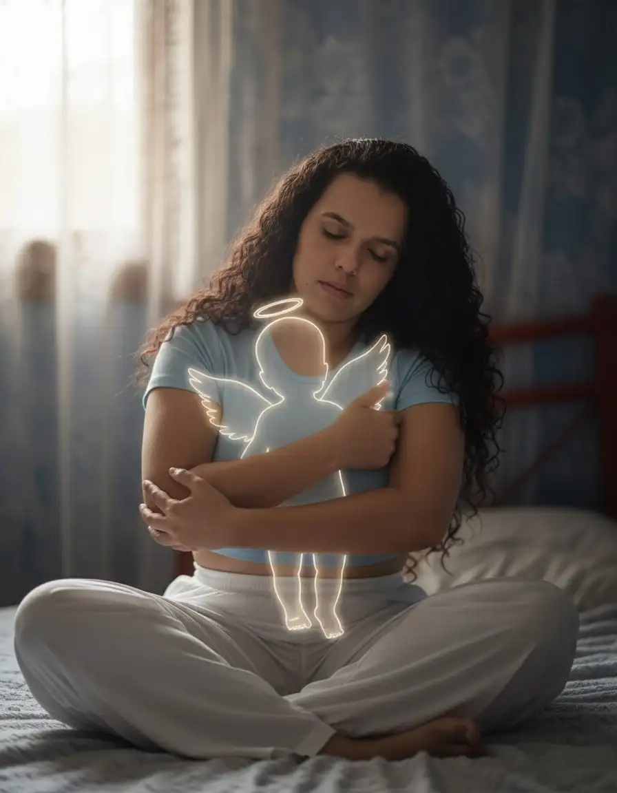 Manten el rostro sin cambiarlo y sin modificarlo 

Blusa celeste corta
Pantalón blanco 
Aquí aparece una mujer sentada en posición de loto, con el cabello suelto y los ojos cerrados, transmitiendo serenidad y tristeza a la vez. Ella abraza con fuerza la silueta transparente de un ángel-bebé, que representa al hijo que ya no está físicamente. La imagen refleja ese lazo inquebrantable de una madre con su hijo ausente, mostrando que aunque no pueda tenerlo en brazos en este mundo, lo lleva en su corazón y lo abraza con el alma.