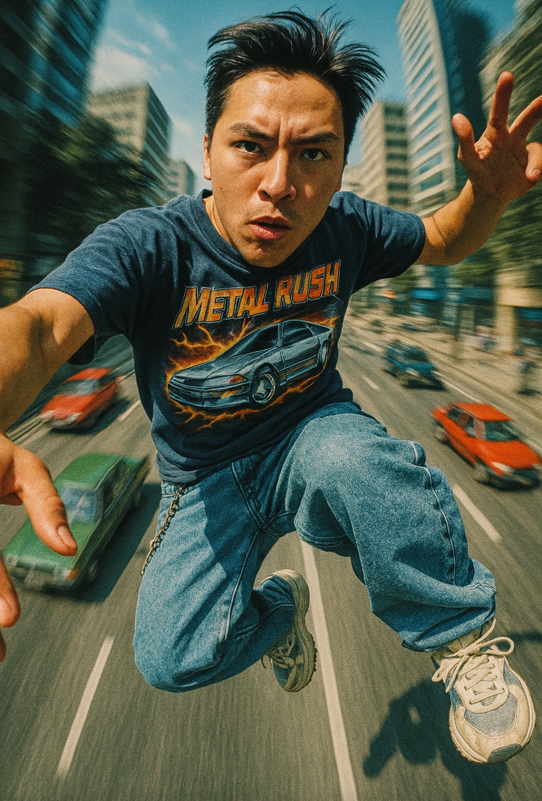 Te paso la foto de mi cara para que uses este prompt para crear una imagen

PROMPT:
Surreal Y2K-style action shot of a young man mid-air in a dramatic leap, overhead fisheye view. He wears a vintage graphic tee, baggy jeans with a chain, and chunky sneakers. Windswept hair, stylized city blur below with retro cars and pedestrians. Bright daylight, high contrast, grainy like a 2001 skate game frame.