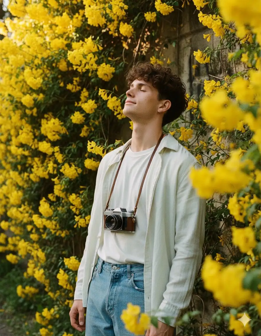 A 35mm film editorial style photograph of the uploaded young man [reference image], standing outdoors next to a wall covered in blooming yellow flowers. He is wearing a relaxed, casual outfit: a light button-up shirt layered over a plain white tee, paired with loose denim jeans for a timeless and effortless vibe. A vintage camera hangs from a strap around his neck, resting naturally against his chest.
His head is tilted slightly upward with his eyes closed, his face turned towards the sky, as soft sunlight filters through the surrounding yellow flowers. The scene is filled with natural light with gentle highlights and shadows, creating a calm and dreamy atmosphere. The composition emphasizes the abundance of flowers in the foreground and background, with a shallow depth of field and subtle film grain for added realism. —ar 2:3 —v 6 —style raw —no text, watermark, distortion —use reference image for face