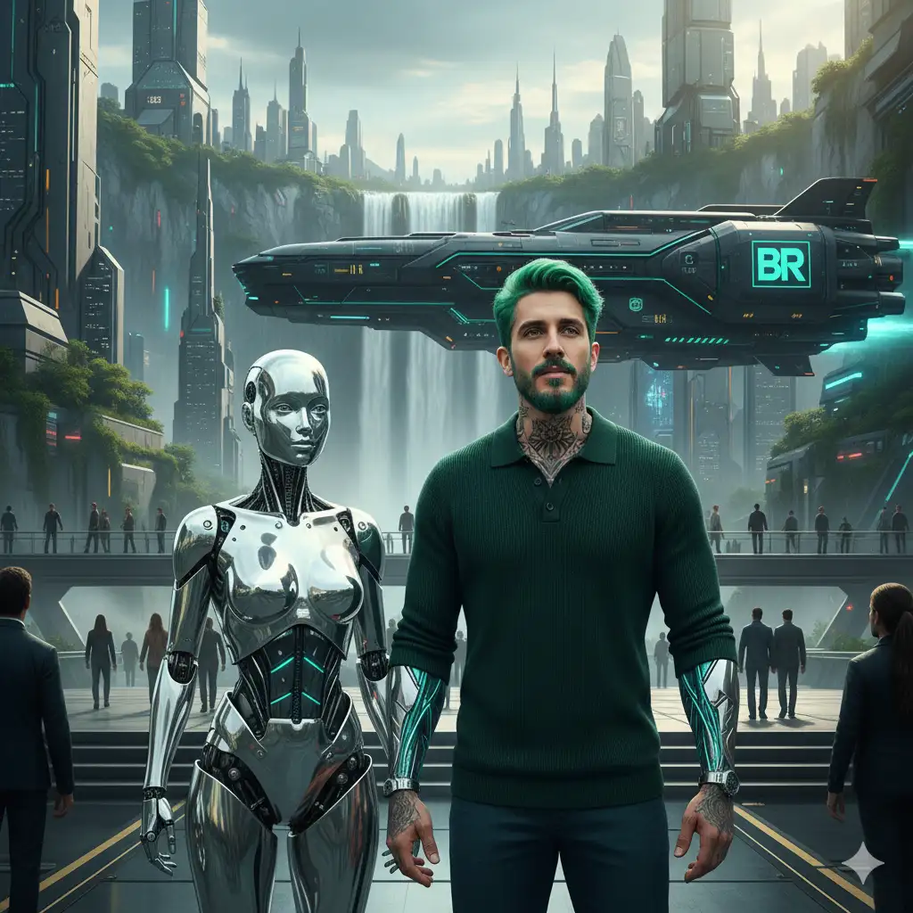 A person (use the uploaded picture as reference for the face, with athletic and defined body) wearing a dark-green-teal elegant cloth suit and a beauty robot in the Northern Territory of Brazil, The camera is shot at a wide angle, with rich light details. The heart is frontal and panoramic, body, and beauty robot are perfectly framed, The model is enhanced with advanced cybernetic robots to capture complex mechanical details, The image shows the seamless fusion of human features and robotic parts, emphasizing the complexity and precision of future technology, Cybernetics include polished metal finishes, and its elements resemble future muscles and tendons, indicating high functionality and design, The color scheme uses soft silver, teal-green ochre and bright fibrous metallic tones, reflecting a realistic and somewhat somber tone suitable for the future theme, The rendering is hyper-realistic, focusing on textures and lighting, highlighting the reflective properties of materials and subtle human skin tones, RTX shaders, Unreal Engine 5, details, gold ochre scale. Futuristic epic tataly beautiful city and waterfall in the background, sleek chrome spaceship arriving, front angle, being checked at arrival/departure station across the sun line, man, woman and robot walking in the background, sci-fi, large, spaceship is black with teal-green ochre detailed lines BR markings and logos on the sides of the hull, rendered in creative digital art style and lighting, wide angle, balanced composition and smooth, hard surface, neon reflections, three colors, symmetry, ultra detail, octane rendering, wide angle epic sci-fi futurism, huge hyperspace spaceship in the background, epic amazing real sci-fi environment, rendered in digital art style. , large spaceship, intricate artwork masterpiece, matte painting movie poster, golden ratio, complex, epic, highly detailed, vibrant, made for film, ultra high quality model, mysterious sci-fi futurism with robots AI --ar 9:16 --style raw --v 6. 1In the background a futuristic epic tartaria beautiful city and waterfall in background, smooth crome spaceship arrives, front angle, to be inspected at the transolar line's arrival depo/ departures terminus, men, women and robots walking in background, Sci Fi, large, the space craft is black with orange ochre detailed lines BR markings and a logo on both sides of the hull in creative digital art styles nd lighting, wide angle, balanced composition and smooth, hard surface, neon light reflections, triadic colors, symmetry, hyper detailed, octane render, wide angle epic scifi futuristic, huge hyperspace spaceship in background, epic amazing real scifi environment, in style of digital art., large space ships, intricate artwork masterpiece, matte painting movie poster, golden ratio, intricate, epic, highly detailed, vibrant, production cinematic, ultra high quality model, the model to use as a reference, Mysterious Sci-Fi Futurism with Robot AI --ar 9:16 --style raw --v 6.1