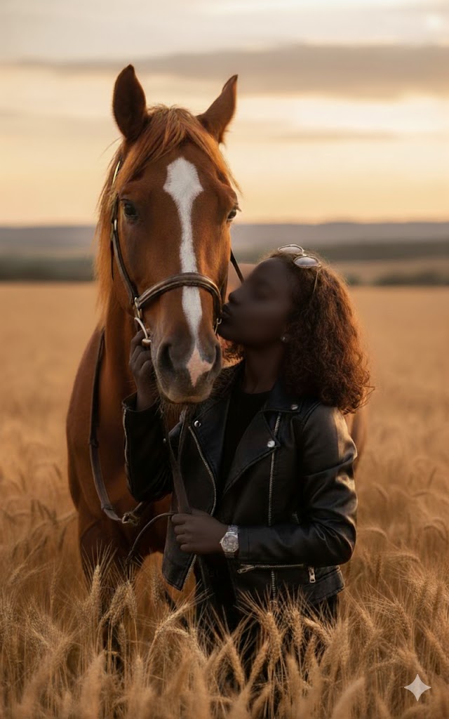 Retrato cinematográfico hiperrealista de 9:16 basado en la imagen subida, que conserva el mismo rostro y peinado. UNA elegante NIÑA entre 7 a 10 años, con chaqueta de cuero negra, camiseta negra, gafas de sol y reloj de pulsera, se encuentra de pie en un campo de trigo dorado al atardecer, besando suavemente a un caballo marrón con una marca blanca en la frente. LA NIÑA sujeta las riendas del caballo con una mano mientras coloca la otra suavemente sobre su rostro, mostrando afecto y vínculo. La cálida luz dorada del sol brilla de fondo con nubes tenues y colinas distantes. Atmósfera cinematográfica ultrarrealista en 8K, iluminación dramática, retrato emotivo y estético, estilo profesional de fotografía de moda, alto nivel de detalle, textura natural de piel y cabello, y profundidad de campo.