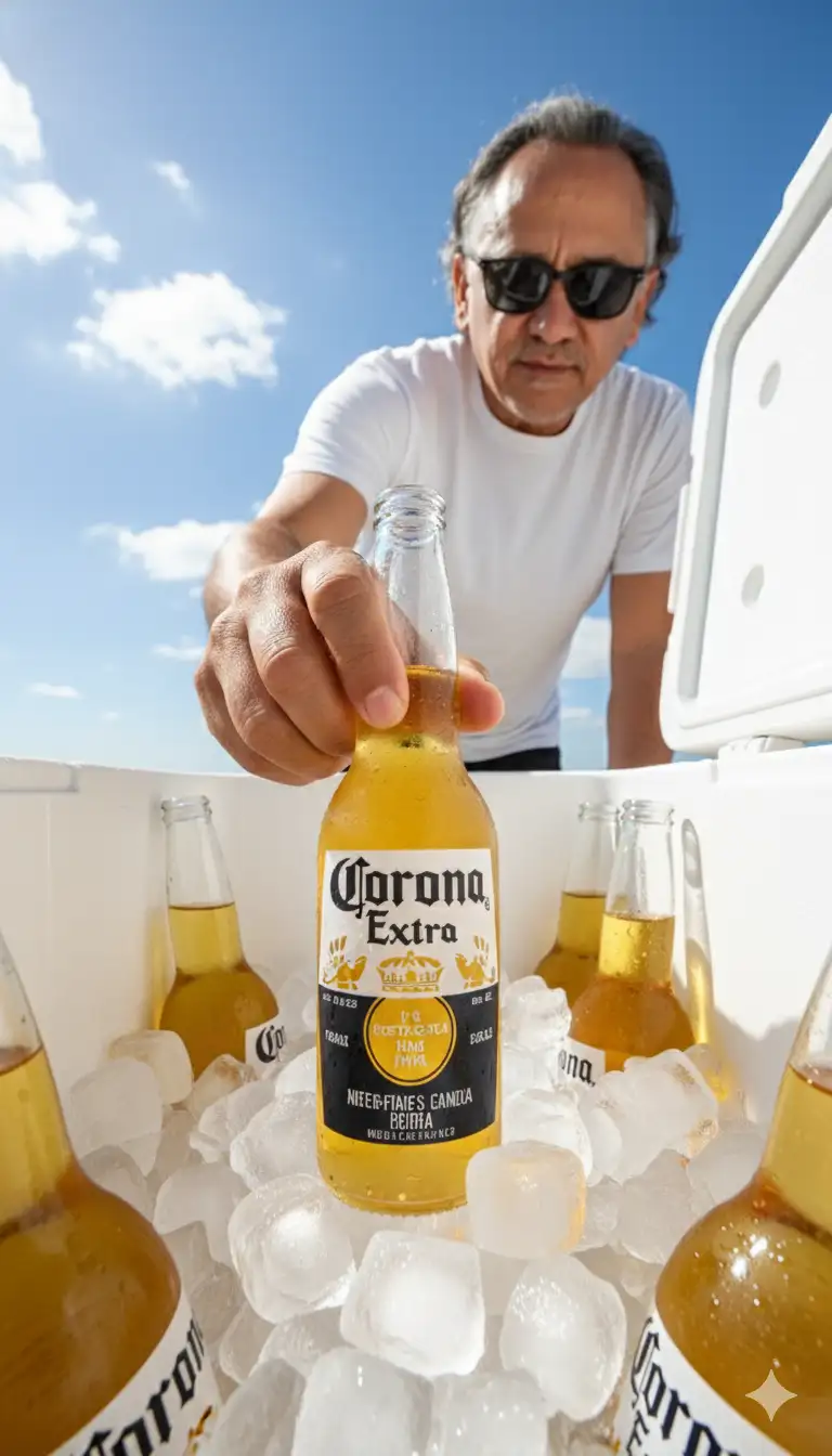 Crea una imagen hiperrealista. Sin modificar mi rostro, fotografía publicitaria hiperrealista, capturada desde el interior de una hielera blanca llena de hielo y botellas de cerveza "corona" de cuello largo. La perspectiva debe ser en primera persona, como si la cámara estuviera colocada en el fondo de la hielera, mirando hacia arriba, mientras un hombre (adjunto la foto) está a punto de agarrar una de las botellas. La botella de Stella Artois ocupa un lugar destacado, sostenida firmemente por la mano del hombre, que se ve ligeramente en perspectiva gran angular, creando un efecto inmersivo y dinámico.
👤 Personaje:
El hombre con camisa blanca y gafas de sol. Está al aire libre en un día soleado, con un cielo azul y algunas nubes esponjosas visibles al fondo.
🎨 Estilo fotográfico:
Estilo comercial y publicitario, con una estética vibrante y limpia. Composición audaz y creativa con un objetivo gran angular u ojo de pez para exagerar la profundidad y la proximidad de los elementos. 💡 Iluminación:
Intensa luz natural de mediodía. La luz solar directa proyecta vívidos reflejos sobre las botellas, creando brillos realistas en el hielo y las superficies húmedas. Las sombras son suaves, reforzando la sensación de un día cálido y despejado.
🧊 Texturas:
Las botellas están cubiertas de gotas de condensación, lo que realza su frescura. El hielo tiene una textura translúcida e irregular. La superficie interior de la hielera es de plástico blanco con una ligera textura mate. Las agujas presentan detalles visibles de poros y pliegues, lo que realza el realismo.
🔍 Enfoque y profundidad:
Un enfoque nítido en la botella central que se extrae, con un ligero desenfoque en las botellas del fondo y los bordes de la hielera, creando profundidad y dirigiendo la mirada al centro de la acción.
🌤️Ambiente general:
Refrescante, enérgico y veraniego. Transmite una sensación de calidez, sed y el placer de beber una bebida fría. Su ambiente relajado y vibrante es ideal para las campañas de verano.