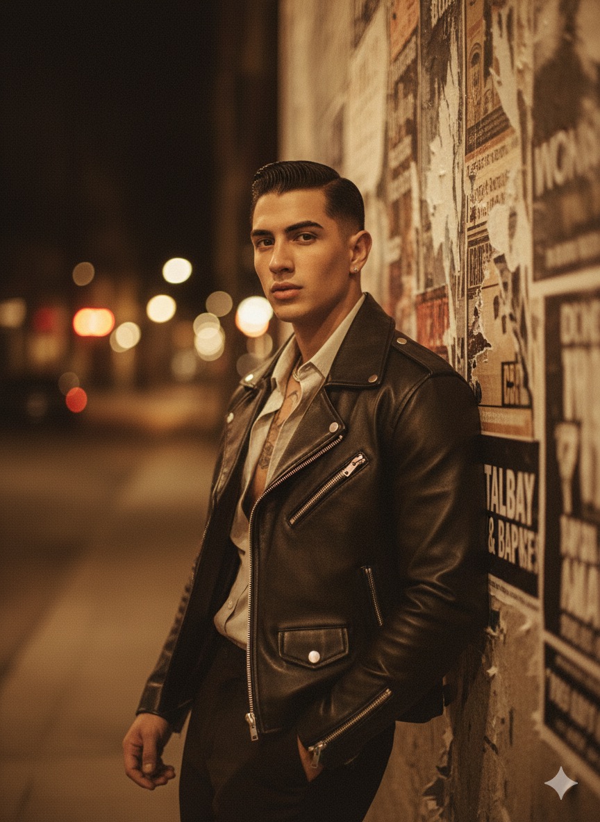 Take a photograph of a young MAN WITH GREASER STYLE, HAIR SLICKED BACK, DARK JACKET AND OPEN COLLAR SHIRT, LEANING AGAINST A STREET POSTER WALL, RETRO CITY LIGHTS BLURRED BEHIND, WARM CINEMATIC FILM LOOK, SEPIA FILTER AND ANALOG GRAIN. Don’t change facial features