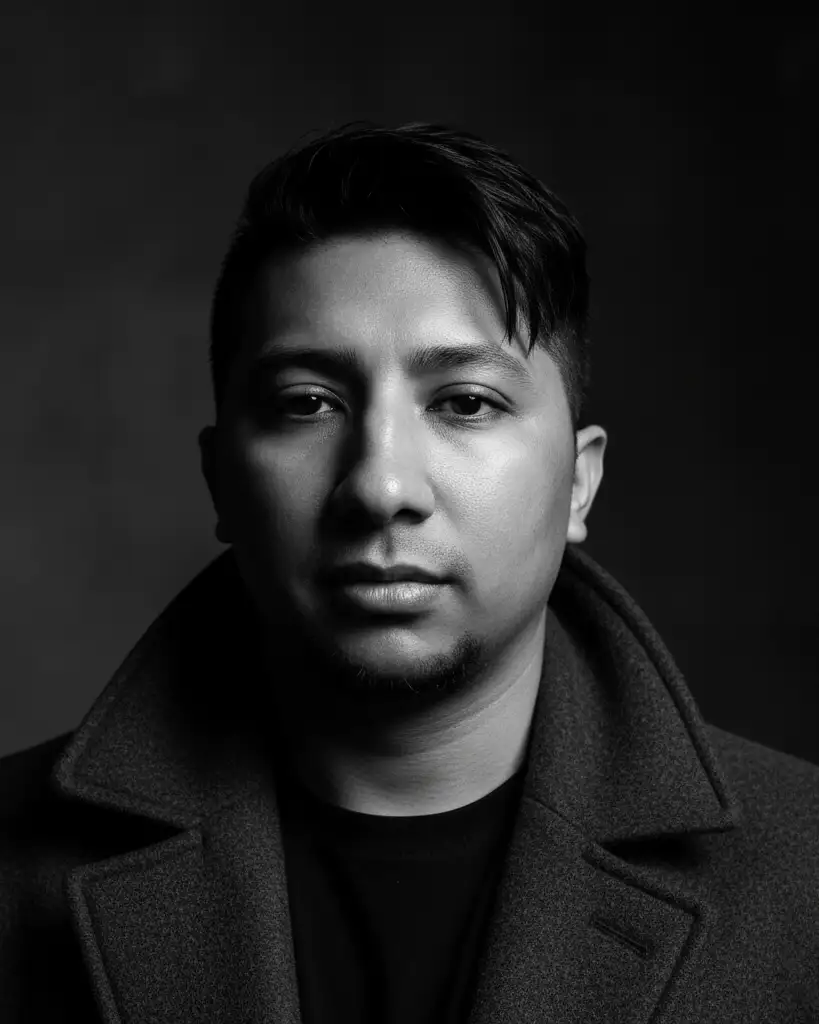 Retrato hiperrealista en primer plano, composición idéntica a la referencia: el sujeto de frente, en plano medio corto, The model wears a heavy wool or felt overcoat, its texture richly defined against the black shirt, dewy glow. Fondo oscuro y minimalista. Iluminación dramática con alto contraste en blanco y negro, luz lateral que resalta la mitad del rostro y genera sombras profundas en el otro lado. Estilo editorial, elegante y cinematográfico. Mantener intactos los rasgos faciales del sujeto de referencia, sin cambios ni alteraciones.