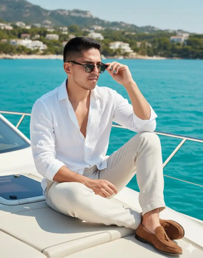 Usando 100% el rosto da foto enviada. Llora un retrato vertical 9:16 hiperrealista do homem da foto de referencia, sentado relajado en proa de un iate de lujo. Ele veste uma camisa blanca de lino abierto no peito, calça de lino bege claro e mocassins de camurça marrom, sem meias. Uma das mãos repousa no joelho, mientras a outra segura levemente os óculos de sol. Seu olhar é calmo, confiante y elegante, voltado discretamente hacia el horizonte. En el fondo, aguas azul turquesa cristalinas y colinas mediterráneas con vilas blancas. Clima visual: cómodo, aislado, elegante, estilo editorial de viaje. Calidad: Ultra-realista, 8K, núcleos vibrantes y naturales, texturas nítidas de piel, tecido y reflejos no mar.