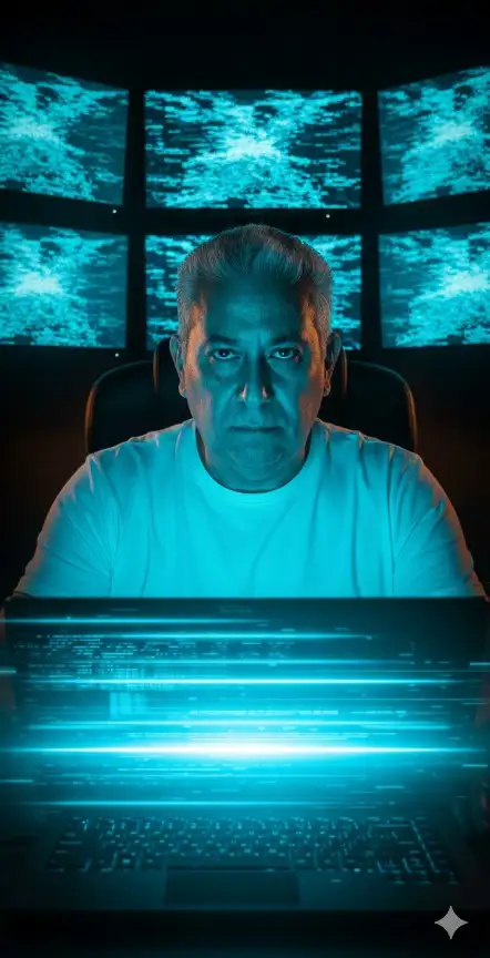 [Tu foto/La persona de la foto proporcionada] se encuentra sentado detrás de un portátil abierto. Viste una sencilla camiseta blanca de cuello redondo. Su expresión es concentrada e intensa, con una mirada seria dirigida directamente a la cámara. La escena está dominada por una iluminación azul brillante (cian) que emana de múltiples pantallas de monitor visibles detrás del sujeto. Esta luz es la fuente principal, creando un fuerte contraste con la oscuridad general del entorno. También hay toques de luz cálida (naranja) en el fondo, posiblemente de otras fuentes o el reflejo de la luz azul en las superficies. En primer plano, el portátil frente al hombre tiene líneas de luz brillantes y rápidas sobre la pantalla y el teclado, sugiriendo transferencia de datos o actividad cibernética (efecto de desenfoque de movimiento o flujos de datos). El fondo está compuesto por una matriz de múltiples pantallas o monitores que muestran ruido estático o fallas de transmisión en tonos cian brillante y turquesa. El ambiente es nocturno y de alta tecnología, con una sensación de inmersión digital o vigilancia.