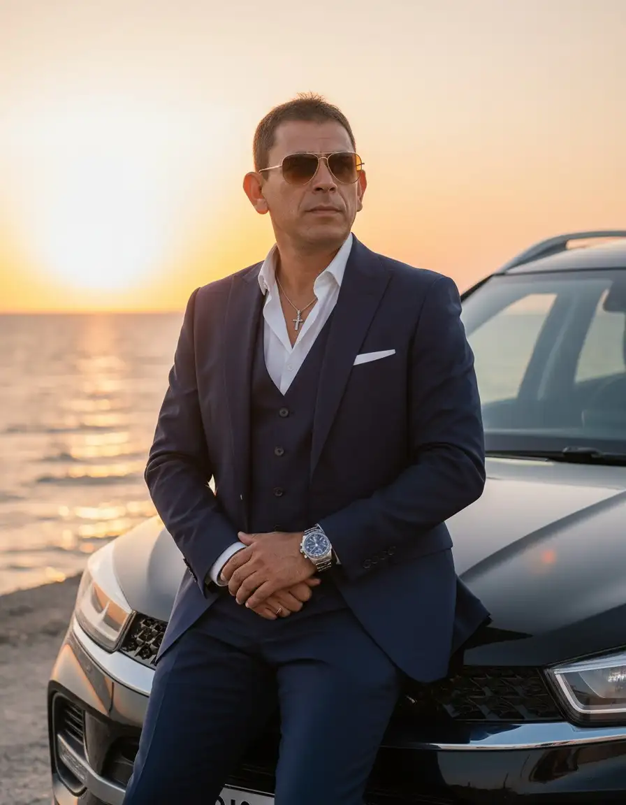 Usa el 100% de la cara arriba de la foto cargada. 
Retrato de estilo de vida 8K ultra detallado, relación 3: 2, lente DSLR de 50 mm. El sujeto se sienta en el capó de un camioneta tiggo 2 pro color negro,  junto al mar al atardecer. Lleva un traje azul marino, chaqueta desabrochada, chaleco entallado, camisa blanca nítida abierta en el cuello. Un reloj plateado brilla bajo la luz dorada; sus gafas de sol tienen un suave tinte ámbar. añadir en el cuello un collar con un crucifijo metálico de plata (un corpus de Jesús en la cruz de tamaño muy pequeño). El viento agita su cabello corte militar y el horizonte brilla naranja detrás de él. 
Iluminación: hora dorada con reflejos marinos. 
Estado anímico: éxito contemplativo, calma cinematográfica después de la victoria.
