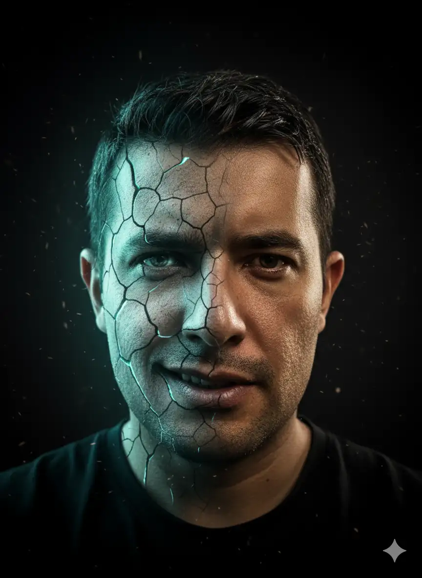 Retrato hiperrealista de mí con una expresión intensa, piel luminosa, en un entorno oscuro con una iluminación dramática. La mitad de mi cara esta agrietada como una estatua vieja; la mitad de la cara  que esta agrietada tiene una sonriza y mirada  lujuriosa,  entre las grietas hay un leve resplandor color azul aguamarina. La otra mitad de mi cara es claramente visible, con el cabello mojado y la mirada penetrante.

Un fondo oscuro con un destello de ceniza flotante. Estilo cinematográfico con una atmósfera misteriosa y emotiva, calidad 4K, fuerte contraste y un tono simbólico sobre la fuerza, conservar rostro de la foto sin alterar el mismo.