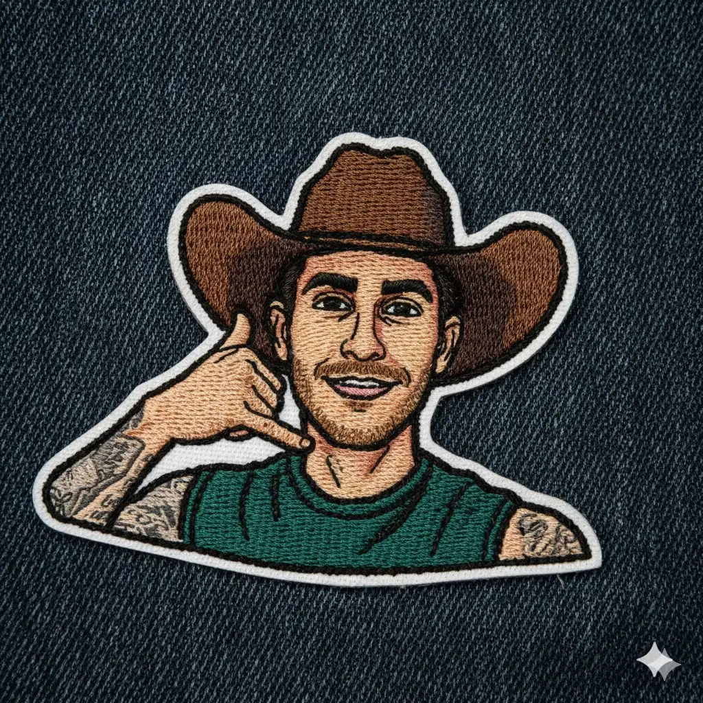 A close-up, high-detail shot of an embroidered patch on dark blue denim fabric. The patch depicts a stylized cartoon head of a person (use the uploaded picture as reference for the face). The embroidery is intricate and textured, showing individual thread strokes. The denim background has a visible weave.