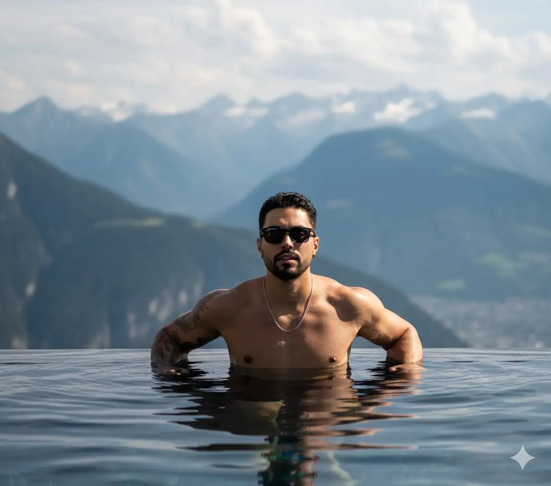 @Webert Vieira: Fotografia cinematográfica de estilo de vida usando o homem da foto como modelo, uma foto de alta costura e aspiracional de um jovem bonito e atlético. Ele está usando óculos esportivos e uma fina corrente prateada, relaxando na beira de uma luxuosa piscina infinita na cobertura, com água até o peito e o cabelo levemente molhado. O fundo é uma paisagem montanhosa moderna, vasta, extensa e enevoada, com picos nevados, criando um belo efeito bokeh. A iluminação é forte, com luz solar direta, projetando reflexos nítidos em sua pele e criando ondulações na água azul-escura. O clima geral é de luxo, sucesso e tranquilidade. Detalhes fotorrealistas com detalhes nítidos sobre o objeto. Resolução 8K, hiper-realista, FHD.
--Ar 9:16 --estilo bruto
--em 6.0