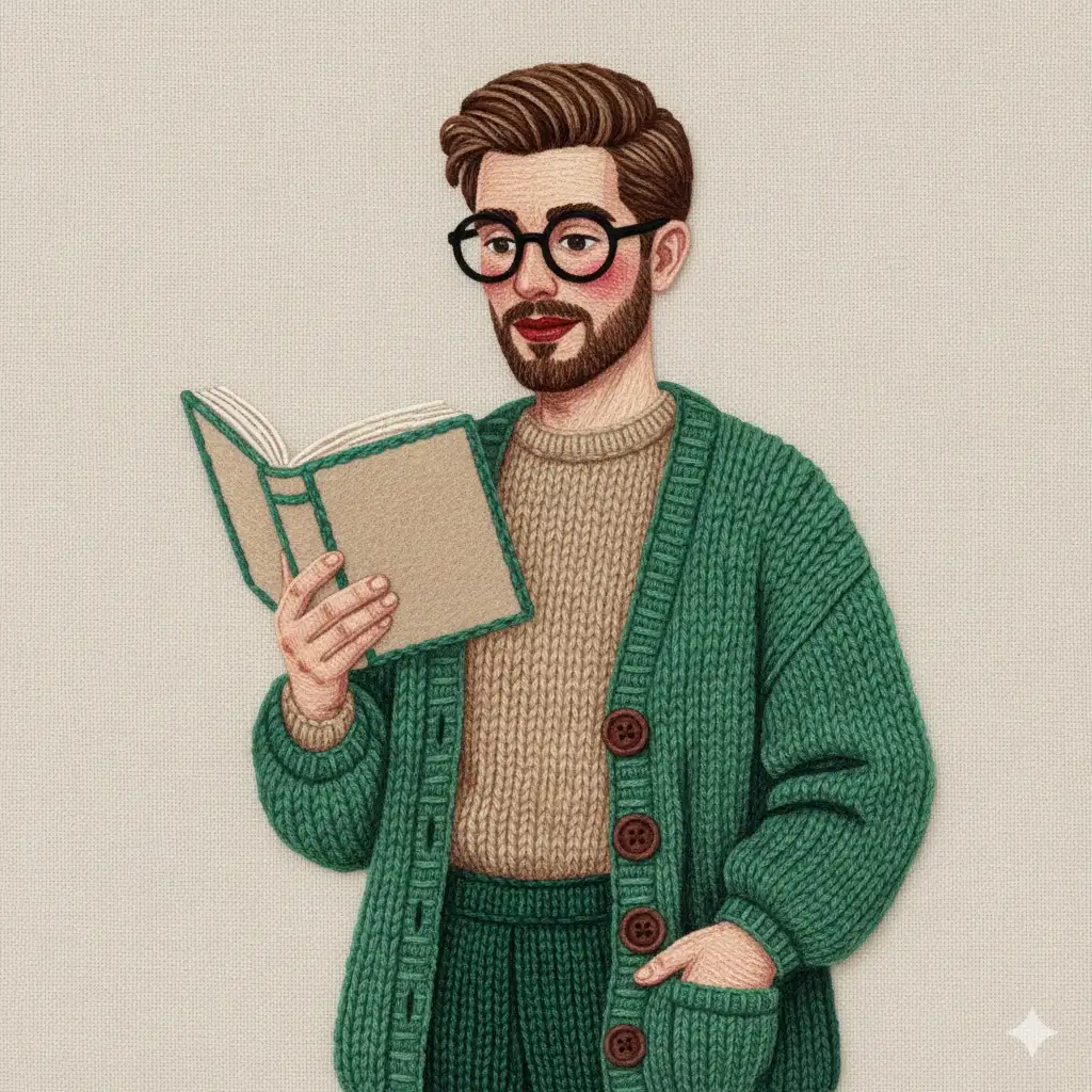 A highly detailed textile art illustration of a young person (use the uploaded picture as reference for the face) reading a book, crafted entirely from yarn and embroidery thread. The person has neatly yarn hair with the same color hair in the photo uploaded, wears black glasses, and has rosy cheeks with middle-red lips. The person is dressed in a knitted beige clothes with vertical ribbing and a textured green-teal cardigan with large buttons and wide sleeves, with a knitted with vertical ribbing dark-green pants. One hand holds an open book with a beige cover and green-teal border, while the other rests casually in their cardigan pocket. The entire artwork is made from meticulously arranged yarn, thread, and fabric textures on a neutral canvas background, showing extreme attention to detail in the woven hair strands, knitted clothing patterns, and stitching.