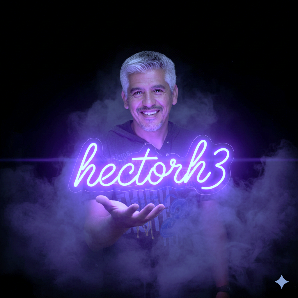 Ultra-realistic cinematic movie poster in large format. The uploaded person (use the attached image for the face with 99.9% accuracy, keeping every detail faithful) stands at the center, preserving their exact face but smiling, body shape, silhouette, hair, skin tone, and texture unchanged. Deep black background with dramatic, high-contrast lighting. In the palm of their left hand, they hold a floating violet neon sign with the word hectorh3 in artistic cursive style, glowing as the main visual focus. 
Thick artistic smoke surrounds the scene, illuminated by violet light beams creating cinematic reflections on the skin and atmosphere. Wide composition with an epic, movie-poster, advertising style.
