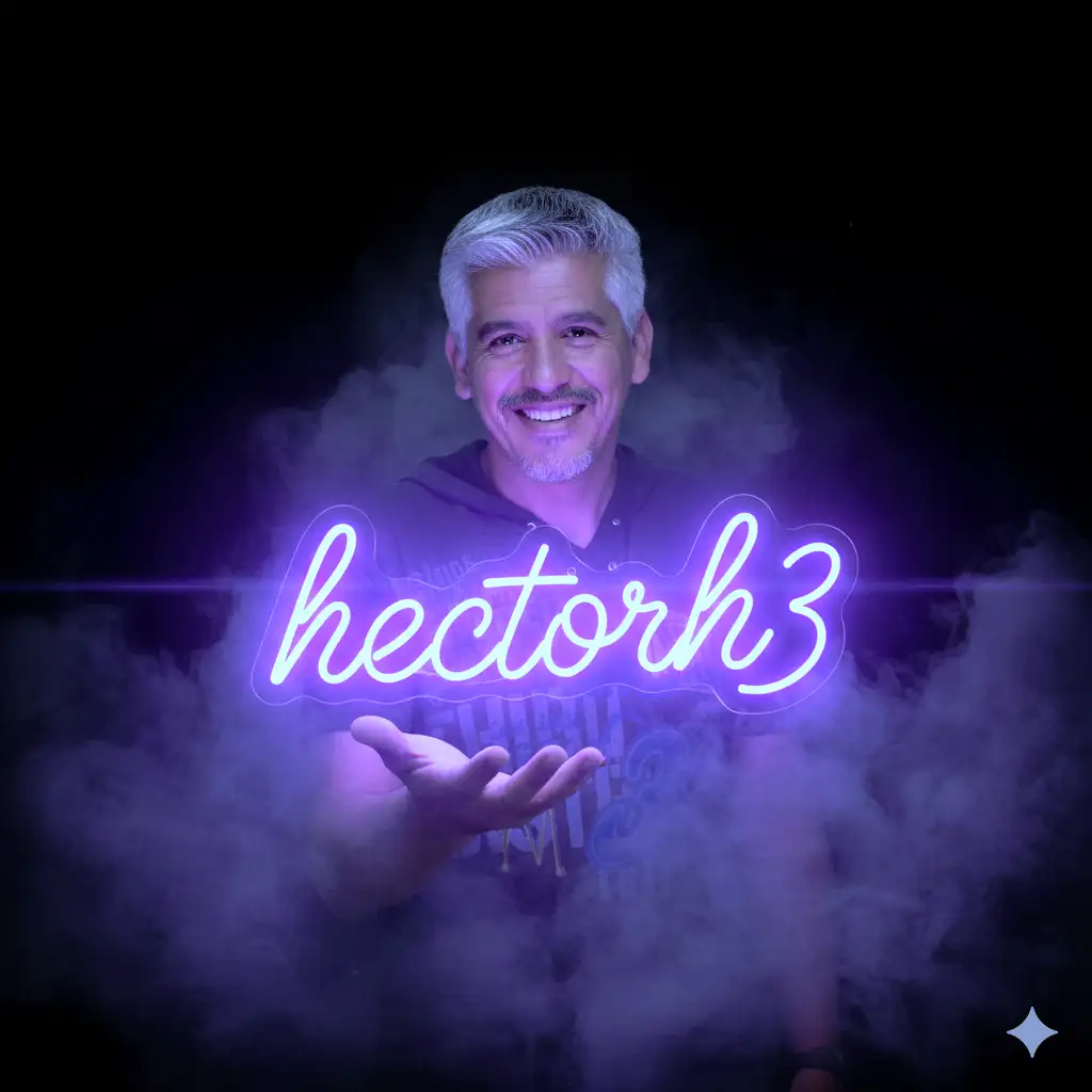 Ultra-realistic cinematic movie poster in large format. The uploaded person (use the attached image for the face with 99.9% accuracy, keeping every detail faithful) stands at the center, preserving their exact face but smiling, body shape, silhouette, hair, skin tone, and texture unchanged. Deep black background with dramatic, high-contrast lighting. In the palm of their left hand, they hold a floating violet neon sign with the word hectorh3 in artistic cursive style, glowing as the main visual focus. 
Thick artistic smoke surrounds the scene, illuminated by violet light beams creating cinematic reflections on the skin and atmosphere. Wide composition with an epic, movie-poster, advertising style.