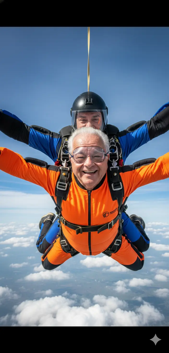 En la imagen, un crea una fotografía hiperrealista y cinematográfica en HD 8k formato 9:16 en la que se ve a un hombre mayor (imagen 1) usando lentes de seguridad y que está sonriendo y mirando a la cámara mientras se lanza en paracaídas tándem con un instructor. Ambos tienen los brazos extendidos y están sobre un fondo de cielo azul claro con nubes blancas dispersas, sugiriendo una gran altura. El hombre que lleva un traje de paracaidismo color naranja y negro, mientras que el instructor lleva un traje azul y negro con un casco. La escena irradia alegría y emoción.
Crea la imagen manteniendo completamente íntegros todos los rasgos físicos y corporales del rostro de la foto adjunta.