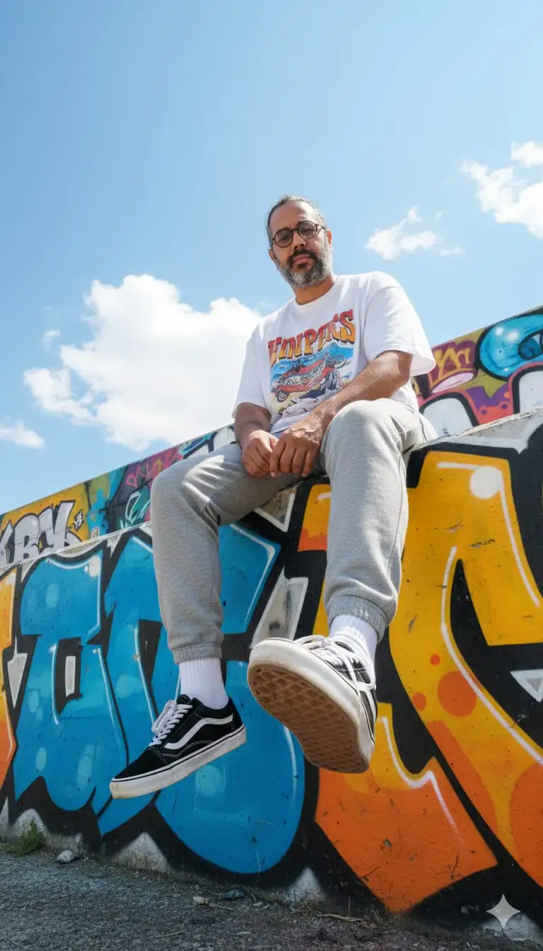 Un hombre de cuarenta y siete años elegante (use la imagen subida como referencia para la cara) está sentado encima de un muro de hormigón cubierto de grafitis. Lleva una camiseta blanca estampada de gran tamaño metida holgadamente en unos pantalones de chándal grises, calcetines blancos y zapatillas Vans Old Skool negras. La perspectiva está tomada desde abajo con un dramático ángulo bajo: la suela del zapato de ella domina el primer plano con gran detalle, mostrando claramente el patrón de gofre. Su otra pierna cuelga casualmente sobre el borde del muro. Fondo: vibrantes murales de arte callejero con colores vivos (azul, amarillo, naranja), cielo azul claro con nubes dispersas, ambiente urbano al aire libre. La iluminación es luz natural, uniformemente equilibrada, texturas nítidas en la ropa, las zapatillas y el muro de grafitis. Estética editorial de ropa urbana con fuerte distorsión de perspectiva de la lente gran angular. Relación de aspecto: 4:3.