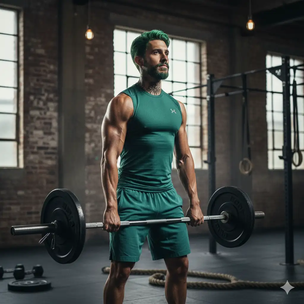 Foto realista de un hombre (usa la foto subida como referencia para el rostro), con ropa en tonos green-teal, cuerpo atlético con músculos marcados, levantando pesas en un gimnasio industrial, músculos tensos, sudor visible, atmósfera intensa, calidad DSLR, 8K UHD. --ar 16:9 --v 6.0 --q 2 --style raw.