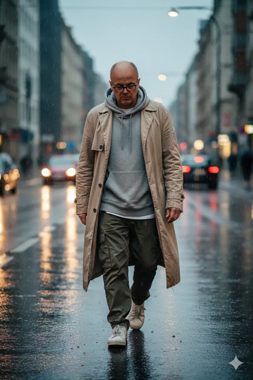 Ultra-realistic cinematic street photo of a man walking alone down a rainy city street, wearing layered neutral-tone streetwear: oversized hoodie, long distressed trench coat, loose cargo pants, and worn sneakers. The atmosphere is cold and moody, with reflections on wet pavement and cars blurred in the background. The lighting is overcast, soft and diffused, creating a melancholic cinematic look reminiscent of a post-apocalyptic fashion scene.
Captured in 4K, Leica SL2 + 50mm Summilux f/1.4 lens, vertical 3:4 aspect ratio, shallow depth of field, soft film grain, editorial street fashion photography.