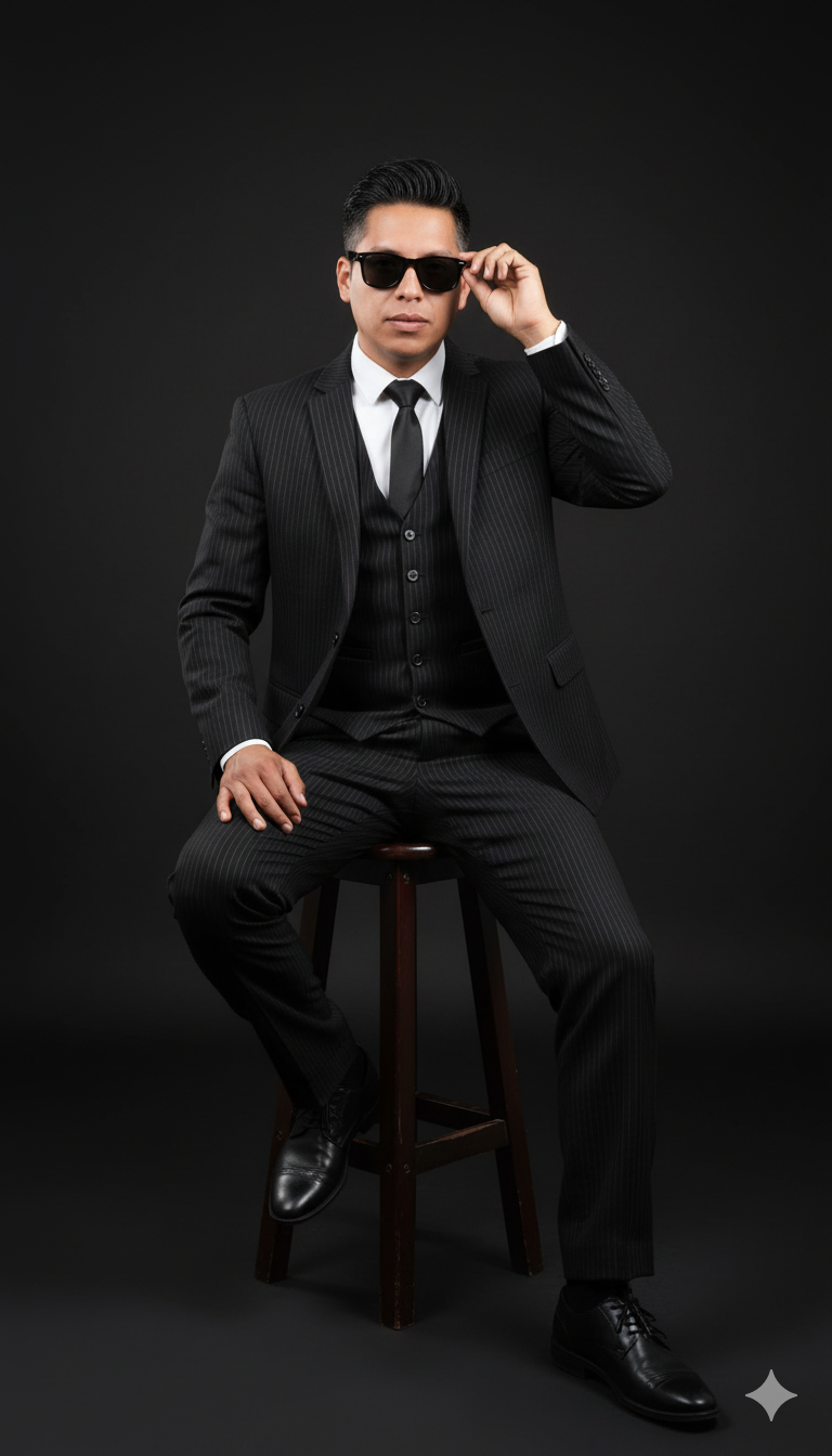 Crea un retrato hiperrealista de un joven apuesto con el rostro 100% visible en la foto subida. Tiene un elegante peinado negro, una altura de 170 cm (según la imagen de referencia) y un cuerpo impecable.
Un hombre moderno y elegante luce un elegante traje negro de raya diplomática con chaleco y corbata a juego, gafas de sol oscuras y zapatos de cuero negro pulido.
Su expresión es tranquila pero audaz, irradiando encanto. Mira directamente a la cámara con una sonrisa suave y seductora. Sentado con confianza en un taburete de estudio, posa con naturalidad y humor.
Ambiente minimalista de estudio, aspecto limpio y moderno, enfoque en el sujeto. Texturas de tela ultradetalladas, iluminación realista, calidad editorial de moda, iluminación suave, tonos de piel naturales y una estética editorial premium.
