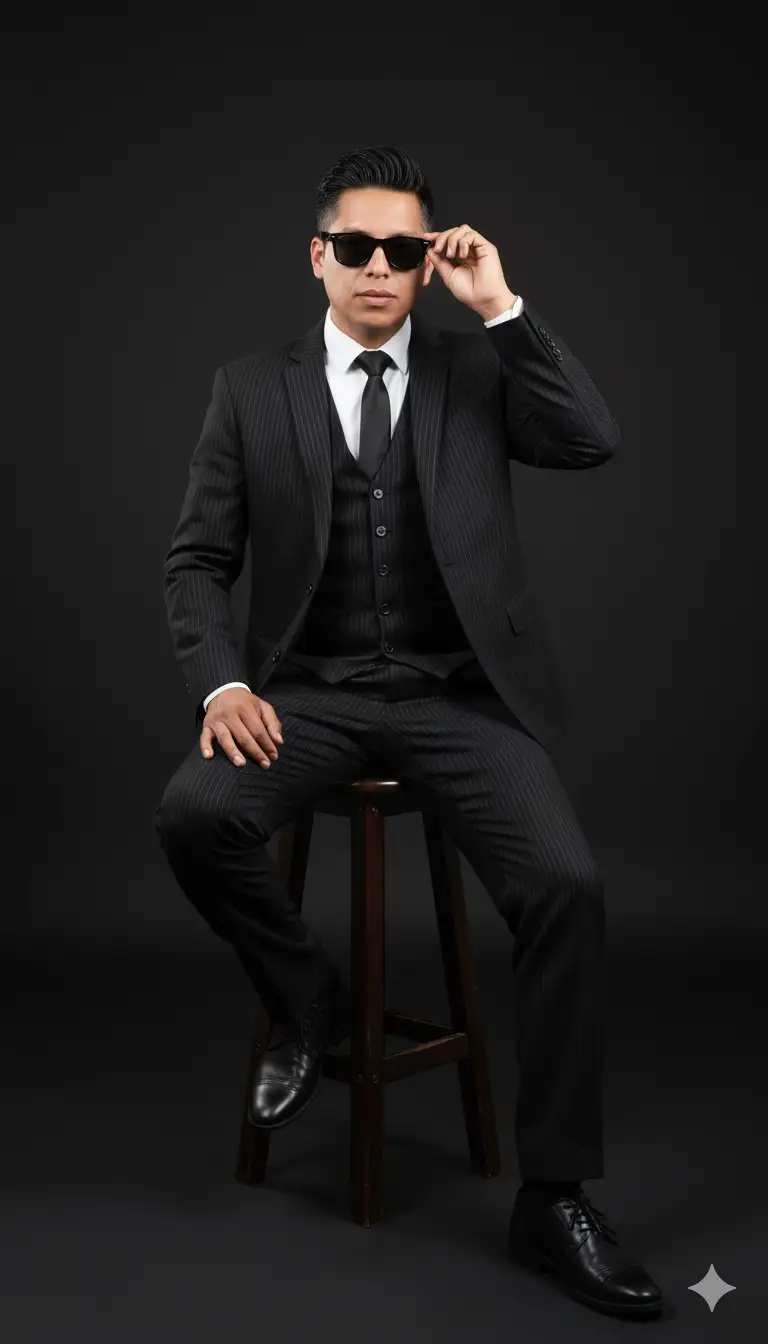 Crea un retrato hiperrealista de un joven apuesto con el rostro 100% visible en la foto subida. Tiene un elegante peinado negro, una altura de 170 cm (según la imagen de referencia) y un cuerpo impecable.

Un hombre moderno y elegante luce un elegante traje negro de raya diplomática con chaleco y corbata a juego, gafas de sol oscuras y zapatos de cuero negro pulido.

Su expresión es tranquila pero audaz, irradiando encanto. Mira directamente a la cámara con una sonrisa suave y seductora. Sentado con confianza en un taburete de estudio, posa con naturalidad y humor.

Ambiente minimalista de estudio, aspecto limpio y moderno, enfoque en el sujeto. Texturas de tela ultradetalladas, iluminación realista, calidad editorial de moda, iluminación suave, tonos de piel naturales y una estética editorial premium.