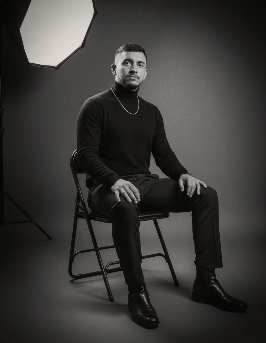 "Una fotografía de estudio en blanco y negro de un hombre sentado en una silla plegable de metal. El hombre tiene el pelo corto y oscuro y una barba corta bien arreglada. Viste un jersey de cuello alto de manga larga oscuro, pantalones oscuros y botines de cuero oscuros. Lleva una cadena fina alrededor del cuello. Sus manos descansan sobre sus muslos. Mira directamente a la cámara con una expresión seria y confiada. A la izquierda de la imagen, se ve un gran softbox de estudio rectangular que emite luz, creando un suave degradado de luz y sombra en el fondo y resaltando los contornos del sujeto. El estilo es un retrato clásico de estudio, con una iluminación dramática que enfatiza la textura y el estado de ánimo. La imagen tiene un toque atemporal y elegante."