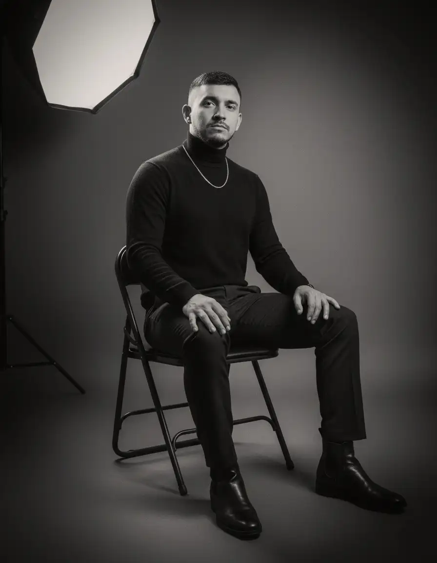 "Una fotografía de estudio en blanco y negro de un hombre sentado en una silla plegable de metal. El hombre tiene el pelo corto y oscuro y una barba corta bien arreglada. Viste un jersey de cuello alto de manga larga oscuro, pantalones oscuros y botines de cuero oscuros. Lleva una cadena fina alrededor del cuello. Sus manos descansan sobre sus muslos. Mira directamente a la cámara con una expresión seria y confiada. A la izquierda de la imagen, se ve un gran softbox de estudio rectangular que emite luz, creando un suave degradado de luz y sombra en el fondo y resaltando los contornos del sujeto. El estilo es un retrato clásico de estudio, con una iluminación dramática que enfatiza la textura y el estado de ánimo. La imagen tiene un toque atemporal y elegante."