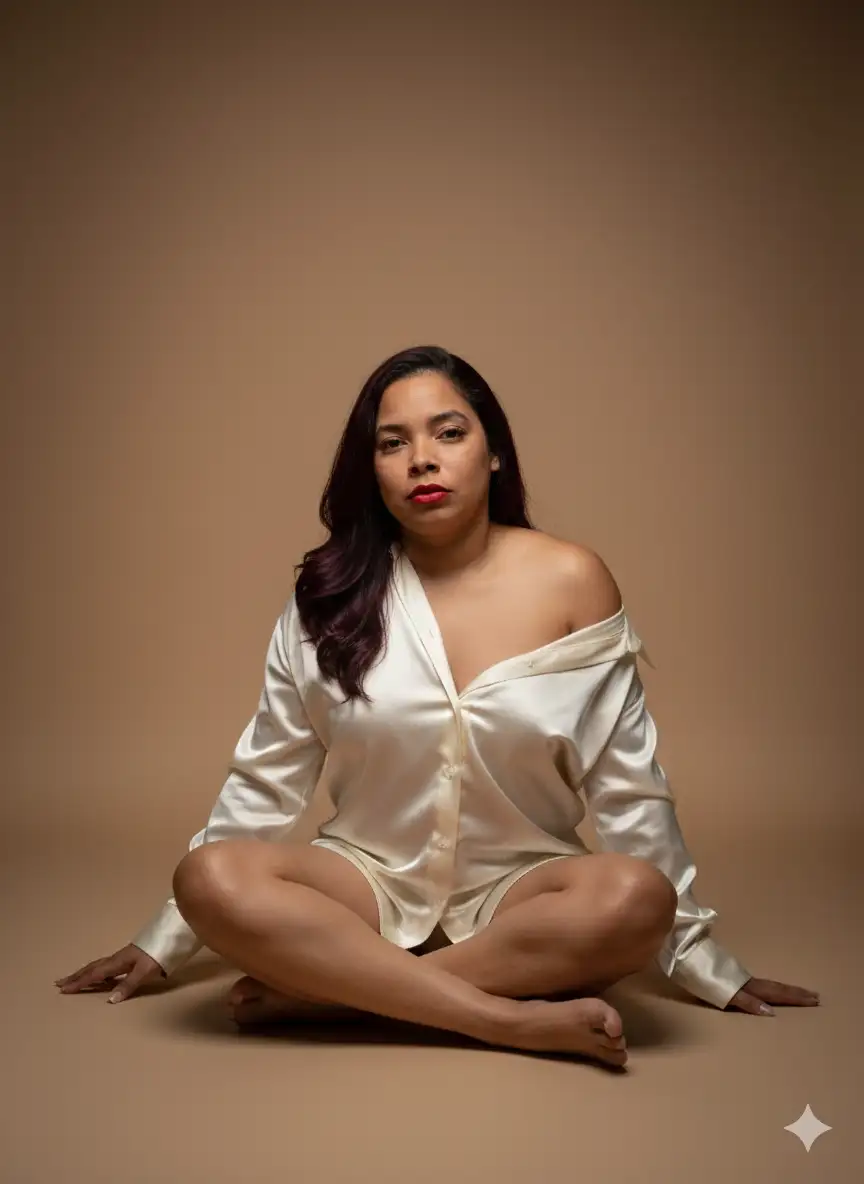 Crea una imagen 
​Es una mujer. 
Manten el rostro de la imagen adjuntada
Está mirando directamente a la cámara con una expresión seria y maquillada, destacando un labial rojo.
​Vestimenta: Viste una camisa de manga larga, de un color blanco cremoso o marfil, que parece ser de una tela satinada o sedosa. La camisa está desabrochada en la parte superior y se ha deslizado para dejar al descubierto sus hombros y escote, creando un estilo off-the-shoulder (con los hombros descubiertos). La camisa es larga, llegando aproximadamente a medio muslo, y parece estar usando solo eso.
​Pose: Está sentada con las piernas cruzadas de manera informal sobre el suelo, con sus brazos extendidos y apoyados ligeramente en el suelo a cada lado.
​Fondo e Iluminación: El fondo es de un tono neutro y cálido (beige/marrón claro) que complementa el color de su piel y de su ropa. La iluminación es dramática, con un foco principal que ilumina su rostro y la parte delantera de su cuerpo, dejando el fondo y los bordes con un tono más oscuro, creando un ambiente de estudio suave y cálido.
​Estilo: La foto tiene un estilo de retrato de estudio, elegante y con un toque de sensualidad