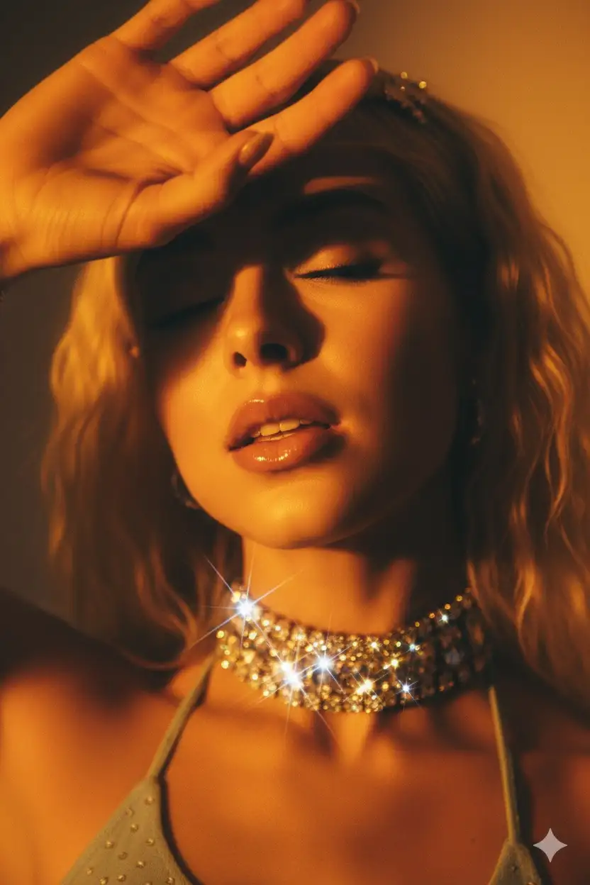Take a close-up, glamorous portrait of a woman bathed in warm, golden-orange light. Her face is partially shadowed by her raised hand, casting a dramatic silhouette across her closed eyelids and forehead. Her lips are slightly parted, glossy and illuminated, reflecting the light with a soft, sensual sheen.

Around her neck, she wears a thick, sparkling choker made of clustered rhinestones or crystals, catching the light with prismatic flares and glittering reflections, adding a sense of opulence and nightlife glamour. The diamonds glint with star-like sparkles, emphasizing texture and shimmer.

The photo has a soft-focus, grainy magazine quality, with subtle blur and glowing highlights reminiscent of 90s–early 2000s editorial fashion photography. The atmosphere feels intimate, sultry, and cinematic—like a backstage shot from a fashion show or a club scene frozen in time.

The color palette mixes warm orange and amber tones on the skin with icy silver-blue sparkles from the choker, creating a bold visual contrast. Overall, the image radiates Y2K luxury, sensuality, and club-culture nostalgia, with a polished yet raw energy. Don’t change face features