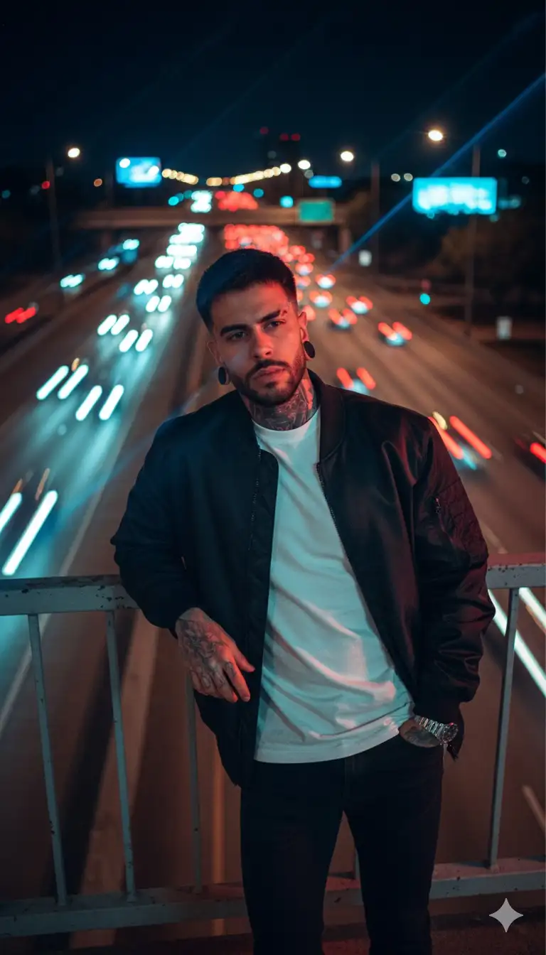 A highly detailed, photorealistic image of a figure [foto uploaded] leaning casually against a metal railing on an overpass at night, captured from the waist up, hight angel, with one arm resting on the railing and the other hand partly tucked into the pocket of dark fitted pants; the expression is neutral and contemplative, with a slight head tilt forward and look around. The outfit consists of a plain white cotton crewneck t-shirt layered under a loose black bomber jacket with a matte finish, accented by a subtle metallic wristwatch. Behind, a multilane highway stretches into the distance, filled with blurred red taillights and white headlights forming glowing bokeh streams, framed by faint city silhouettes, billboards, and streetlights. Dramatic lighting harsh red illumination on side the face and torso with cooler BLUE streaks from light leaks, producing high contrast shadows and cinematic depth. The atmosphere is urban, moody, and introspective, enhanced by film-like textures, visible grain, analog noise, and VHS-style imperfections, with color grading dominated by warm reds and oranges contrasted against cool blue highlights, creating a nostalgic yet cinematic tone.