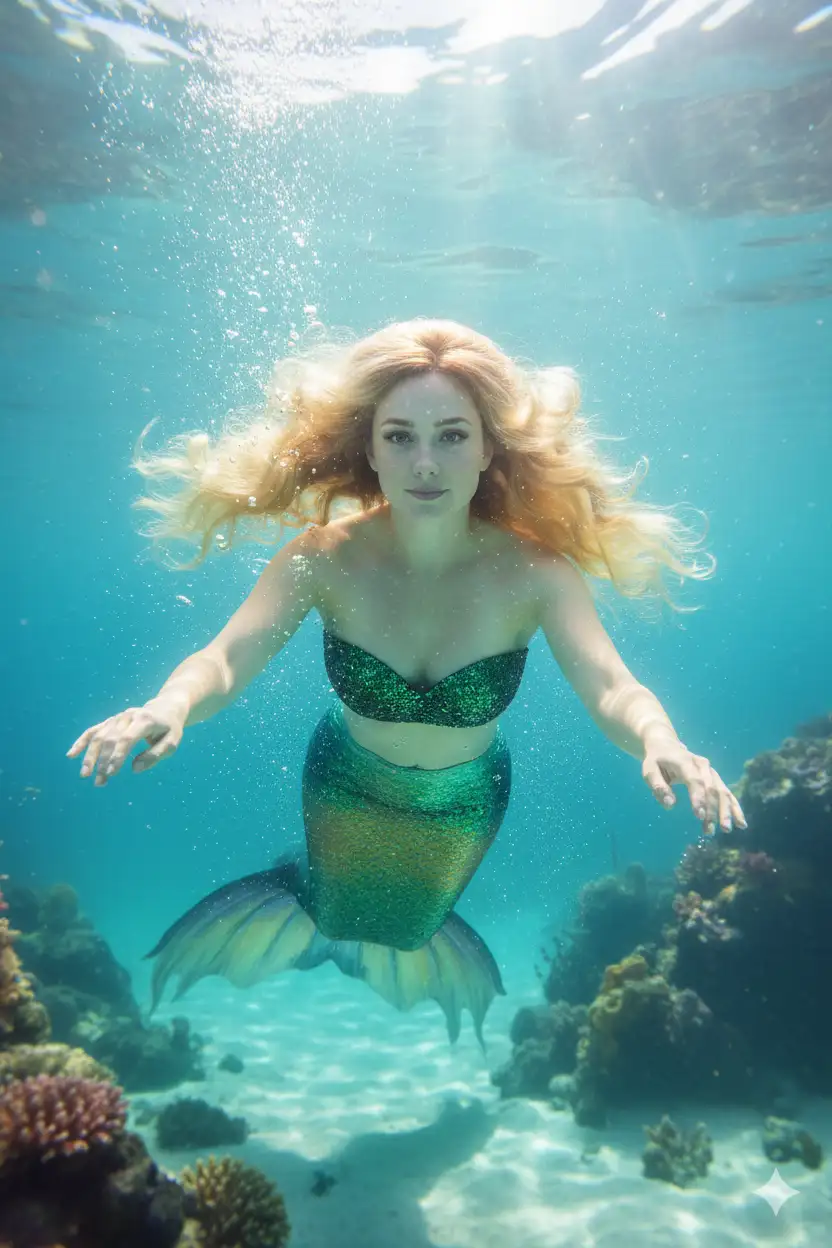 In a hyper-realistic underwater fantasy style, a beautiful blonde mermaid (use the uploaded picture as reference for the face) gracefully swims through crystal-clear turquoise waters. She has flowing wavy hair, an intense gaze with subtle makeup, wearing a sparkling green-teal strapless top and iridescent tail, arms extended forward. Sunlight rays beam down from the rippling surface, creating dancing light patterns and gentle bubbles. She swims smoothly towards the camera, tail undulating gently, hair and bubbles trailing behind. The scene evokes a serene, enchanting atmosphere. Captured in a static underwater shot with a slow, stable zoom-in.